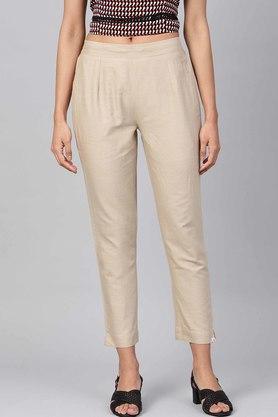 women's sand grey cotton solid straight pants with side pocket - grey