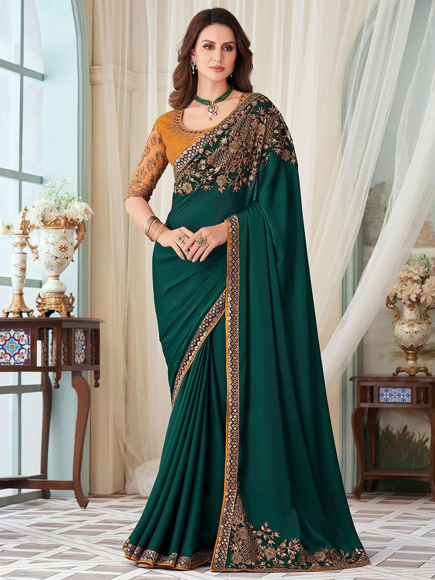 women's satin silk green embroidered designer saree with unstitched blouse