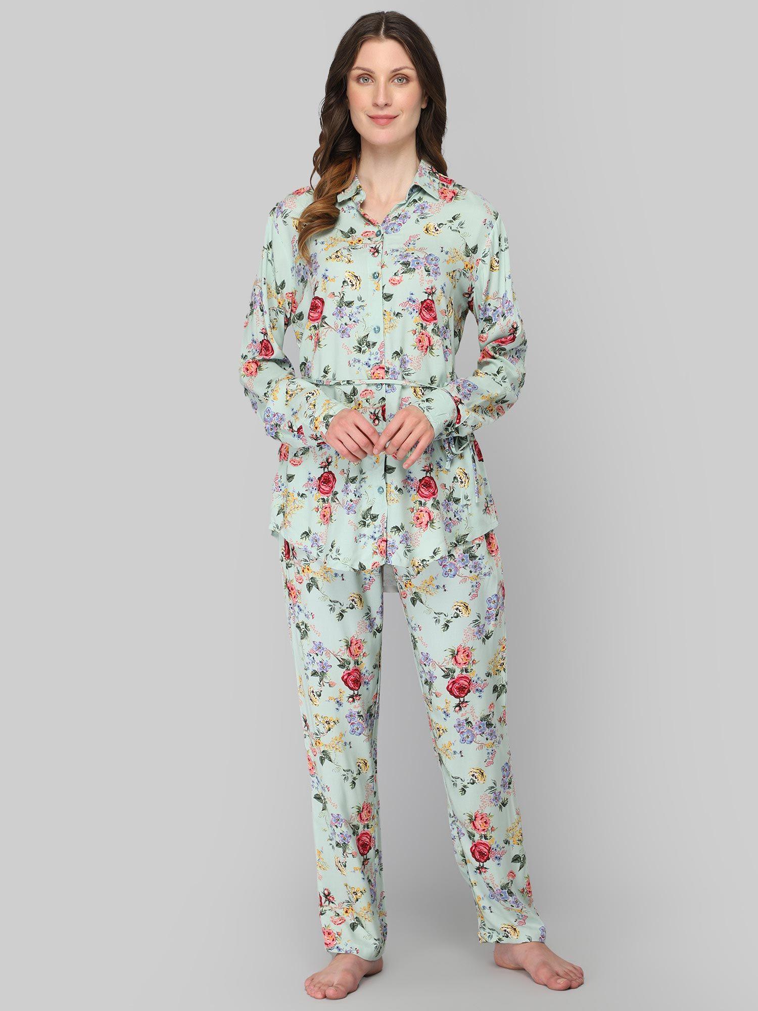 women's sea green floral print night suit (set of 3)