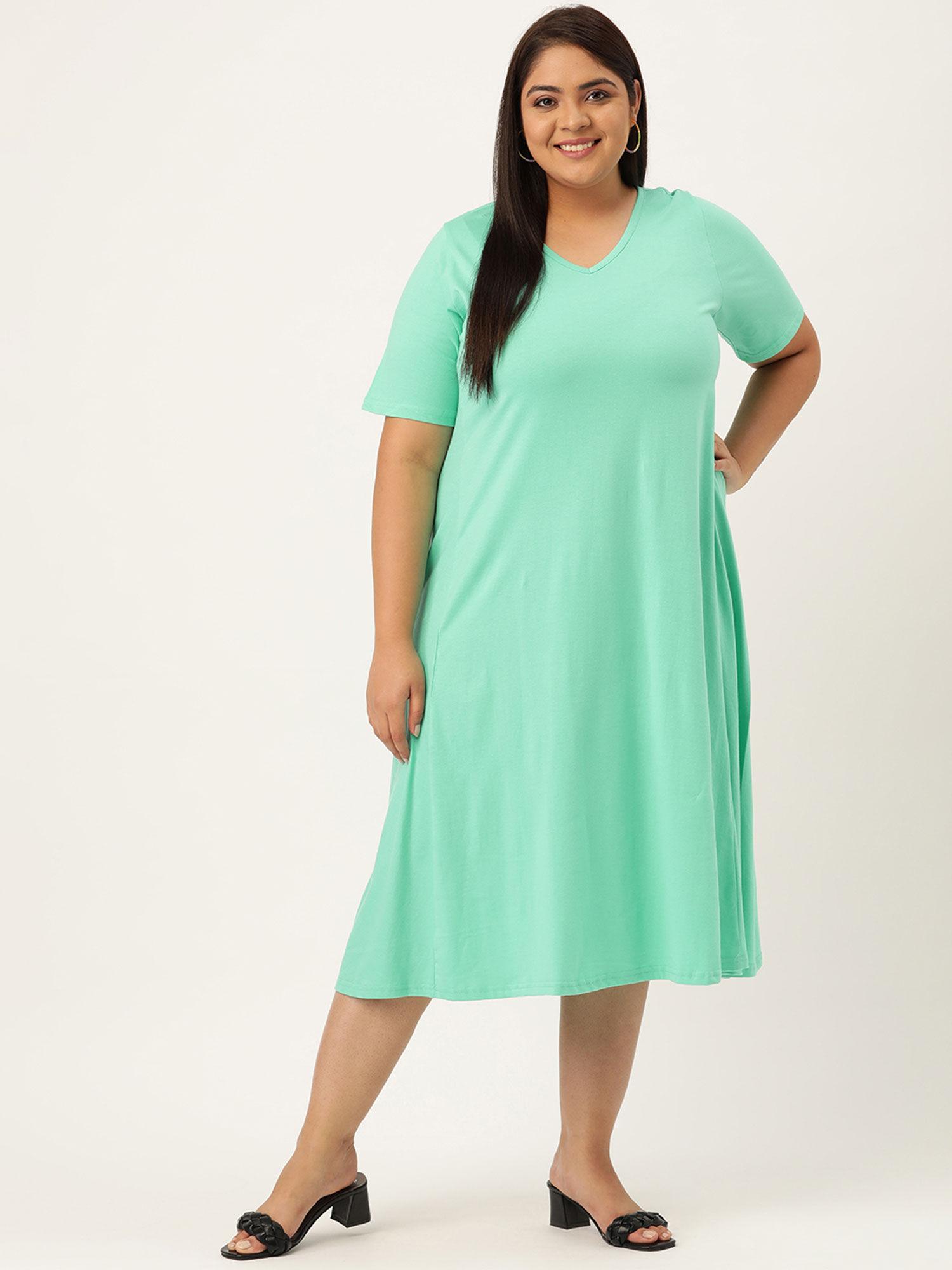 women's sea green solid color v-neck cotton a-line dress