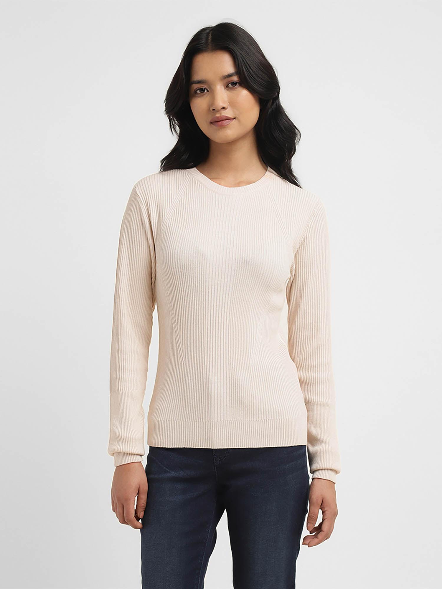 women's self design beige crew neck sweater