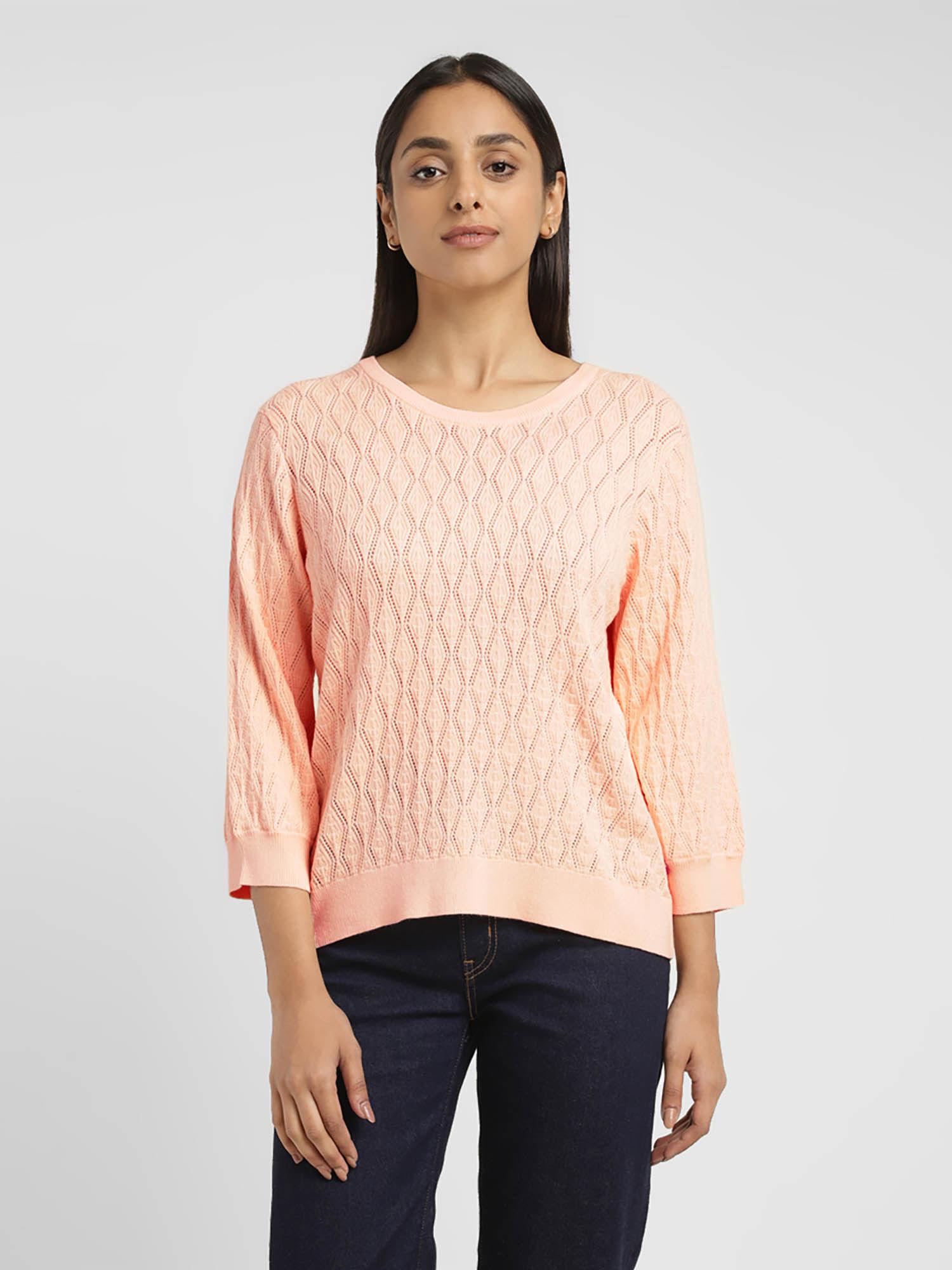 women's self design peach round neck sweater