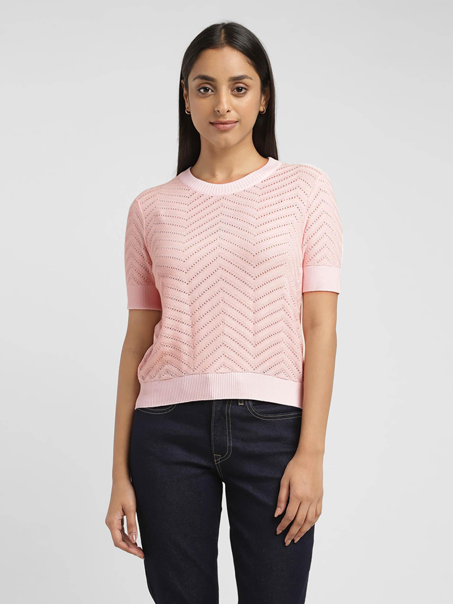 women's self design pink crew neck sweater