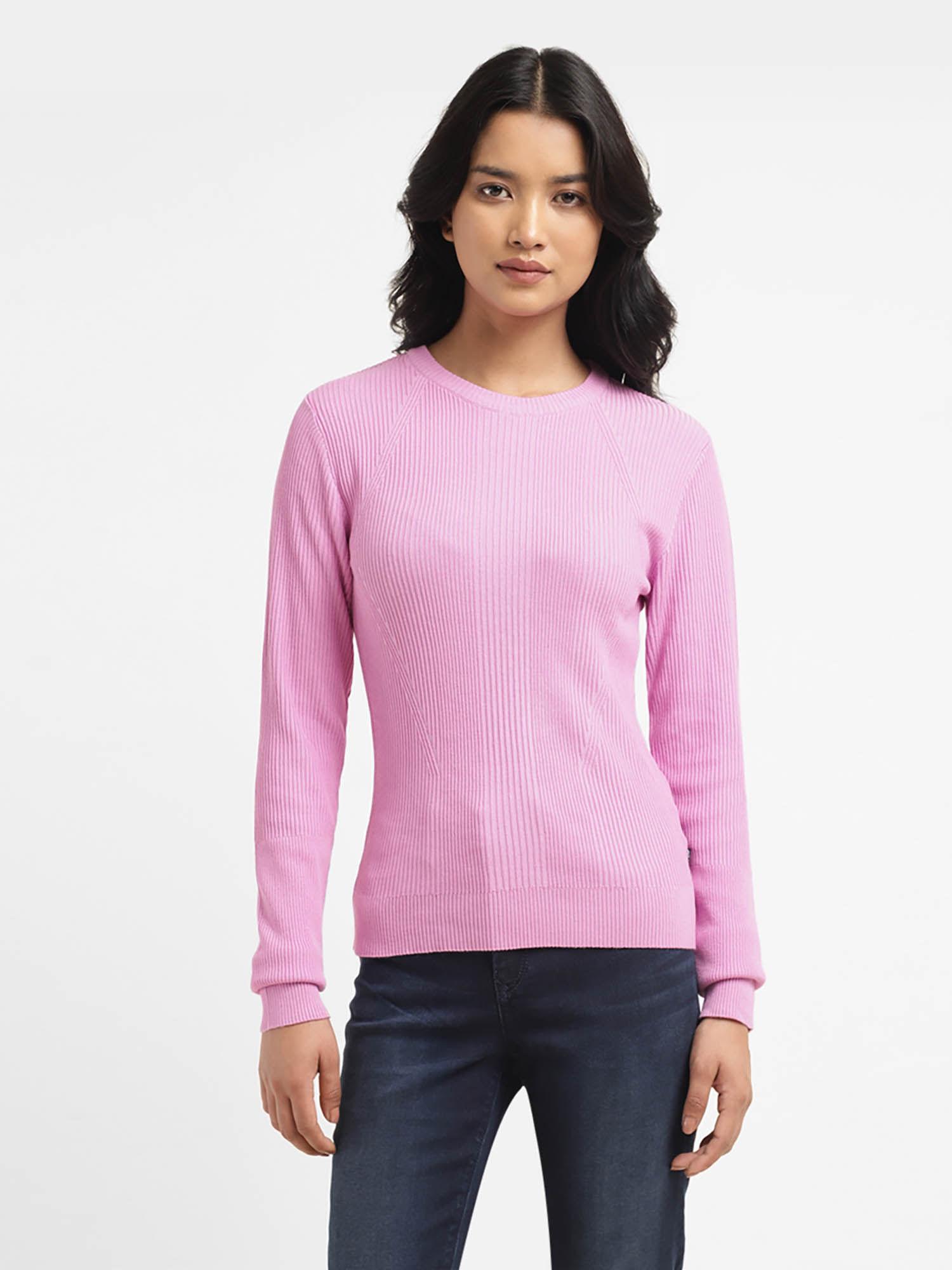 women's self design pink crew neck sweater