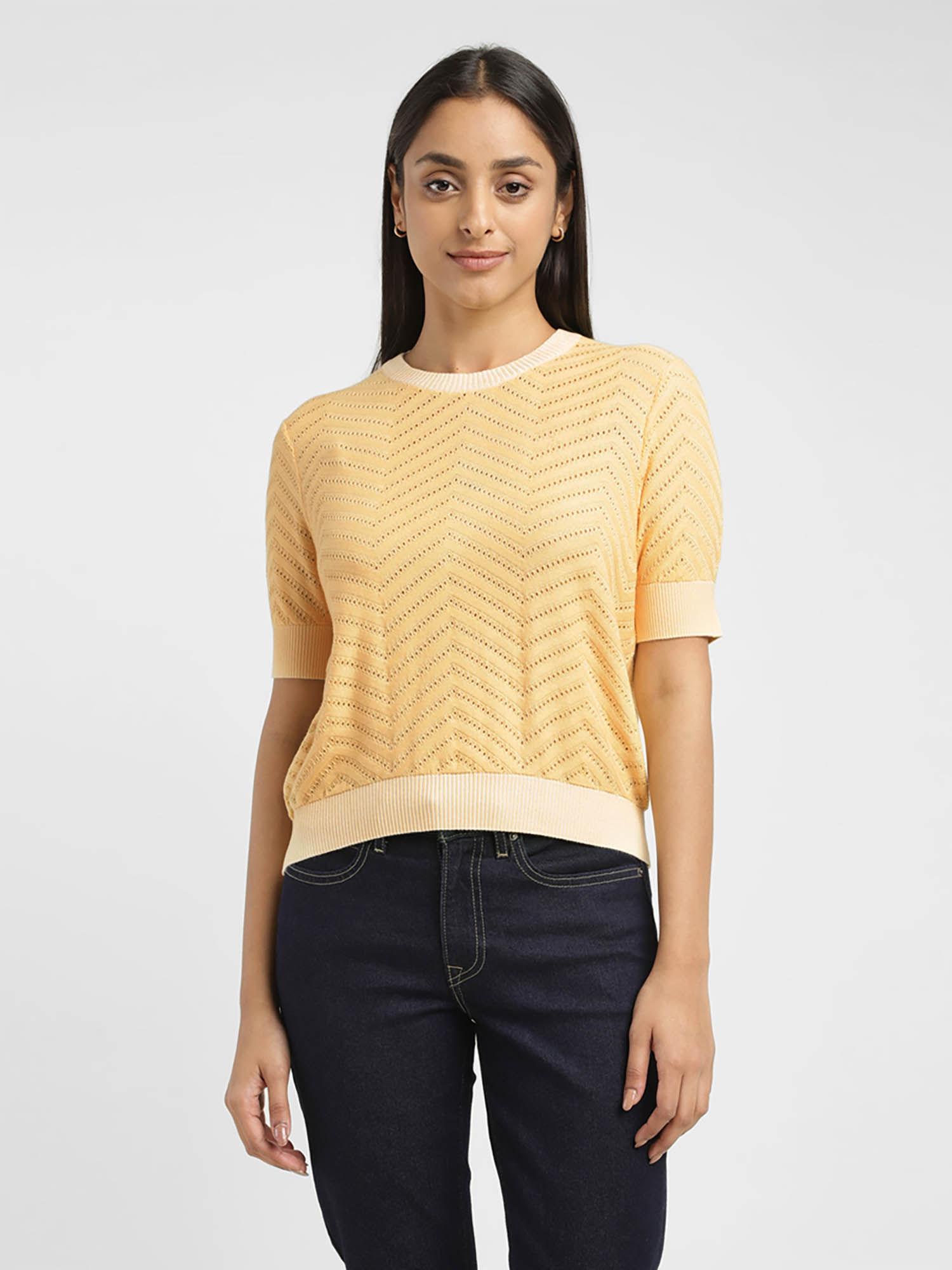 women's self design yellow crew neck sweater