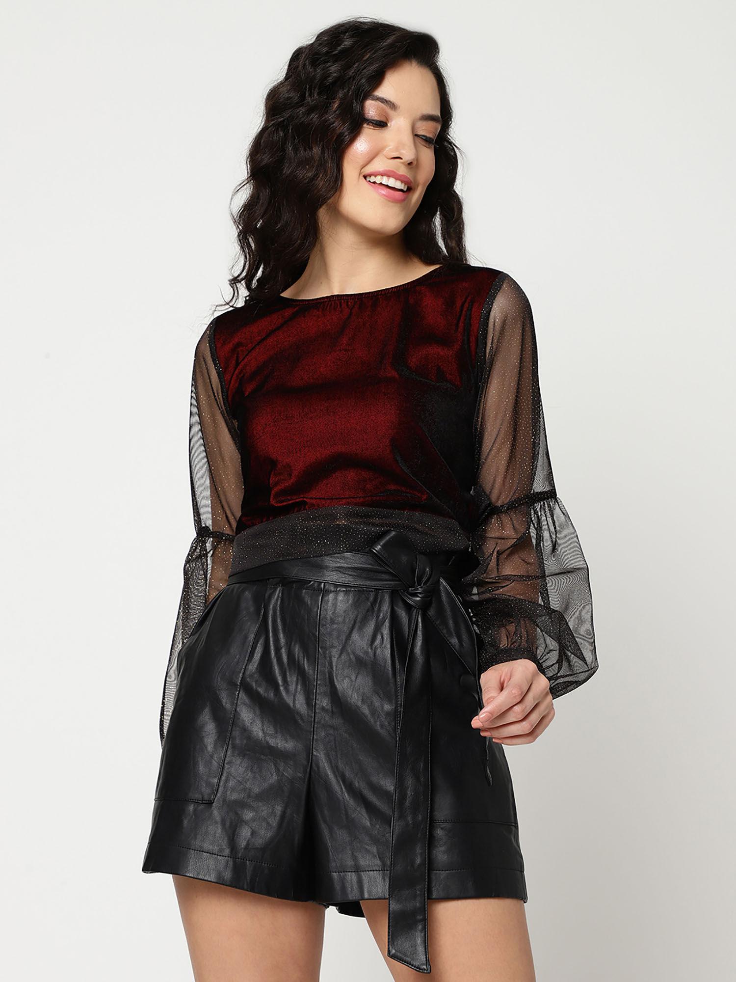 women's sheer shimmer top with tie-up waistline