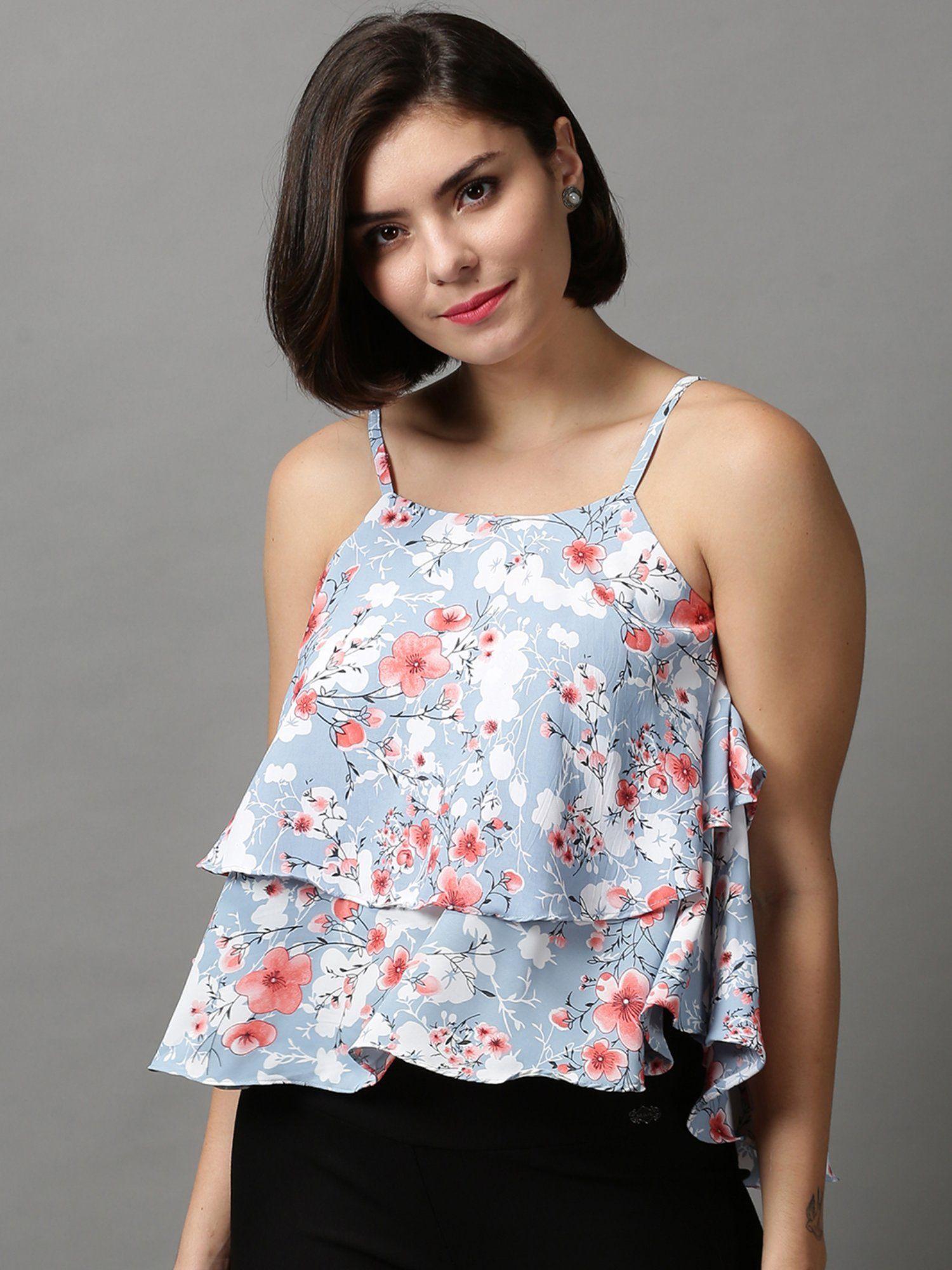 women's shoulder straps floral blue styled back top