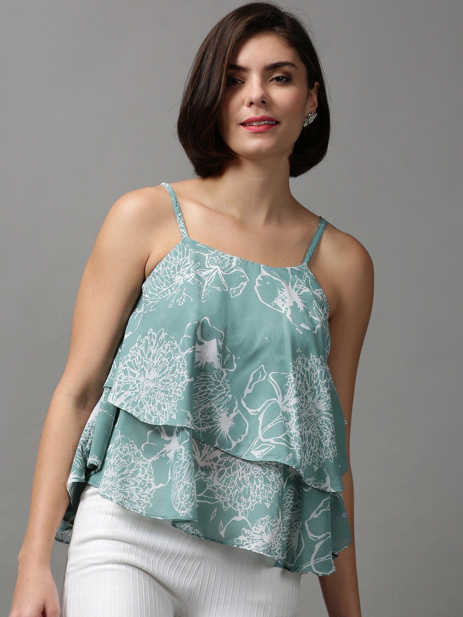 women's shoulder straps floral sea green styled back top