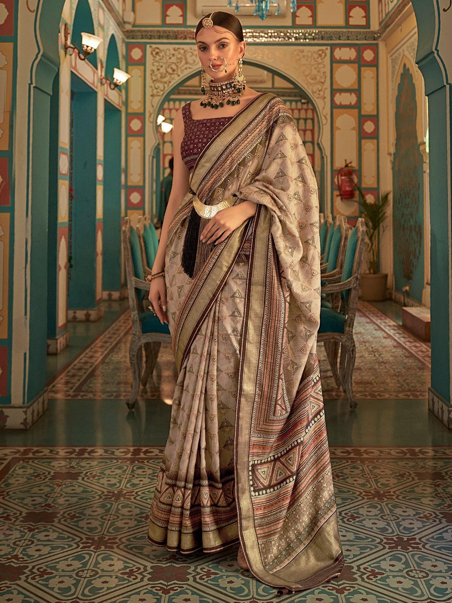 women's silk blend beige woven design designer saree with unstitched blouse