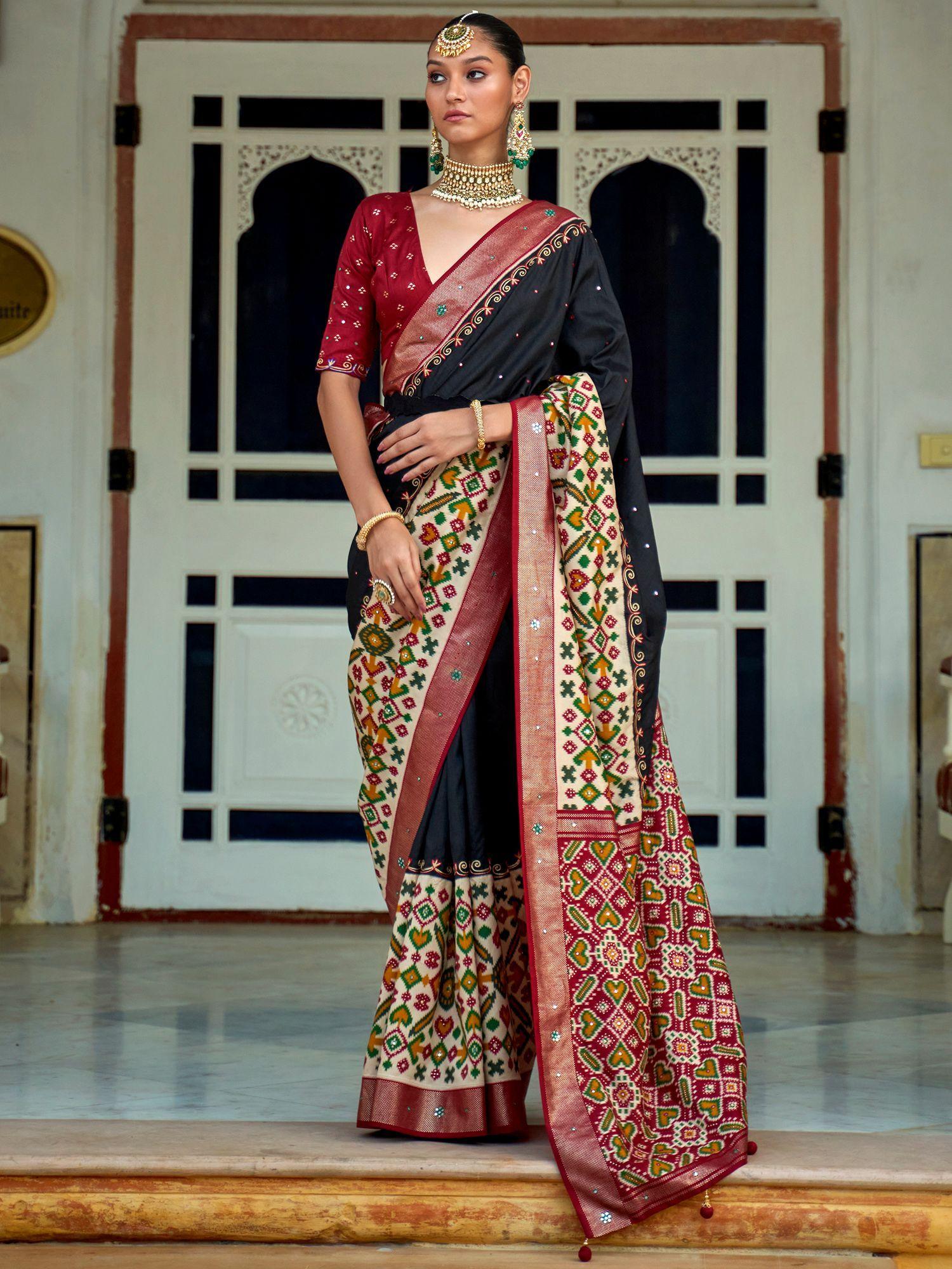 women's silk blend black embellished designer saree with unstitched blouse
