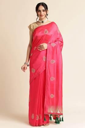 women's silk blend embellished bollywood sari with blouse piece - pink