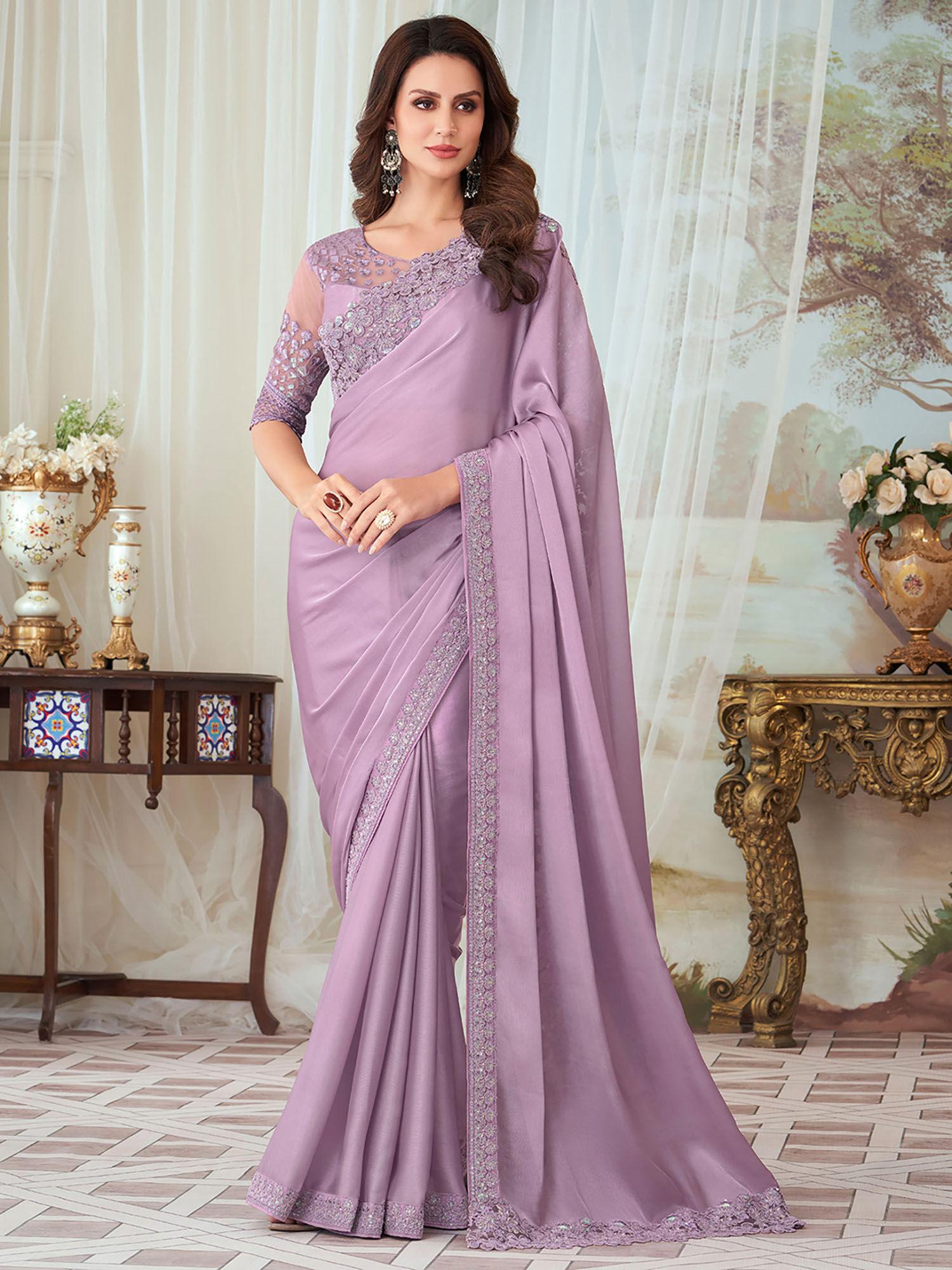 women's silk blend lavender embellished designer saree with unstitched blouse