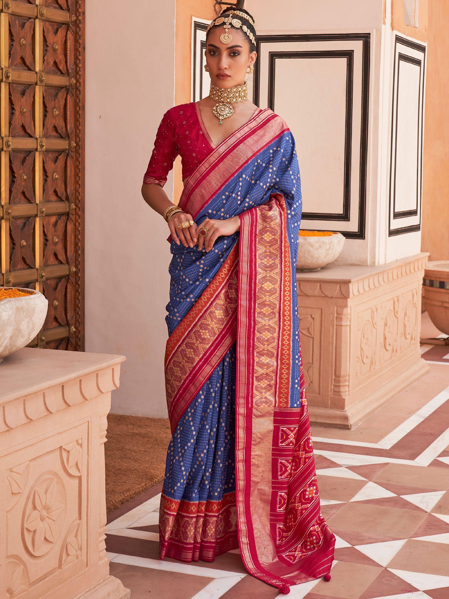 women's silk blend navy blue woven design designer saree with unstitched blouse