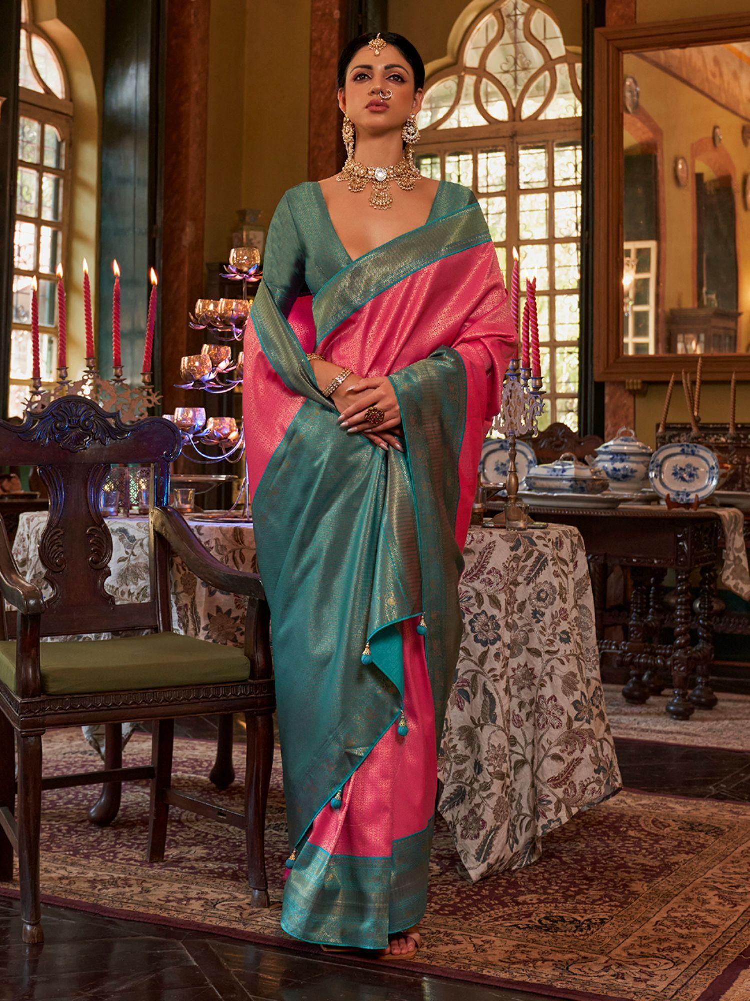 women's silk blend pink woven design designer saree with unstitched blouse