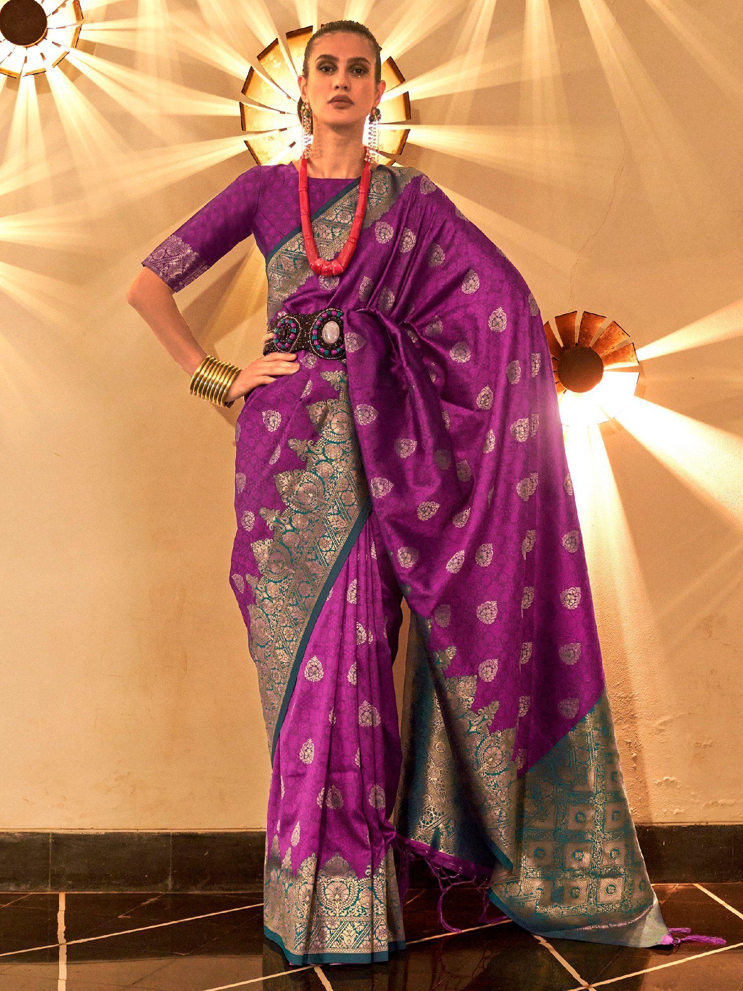 women's silk blend purple woven designer saree with unstitched blouse