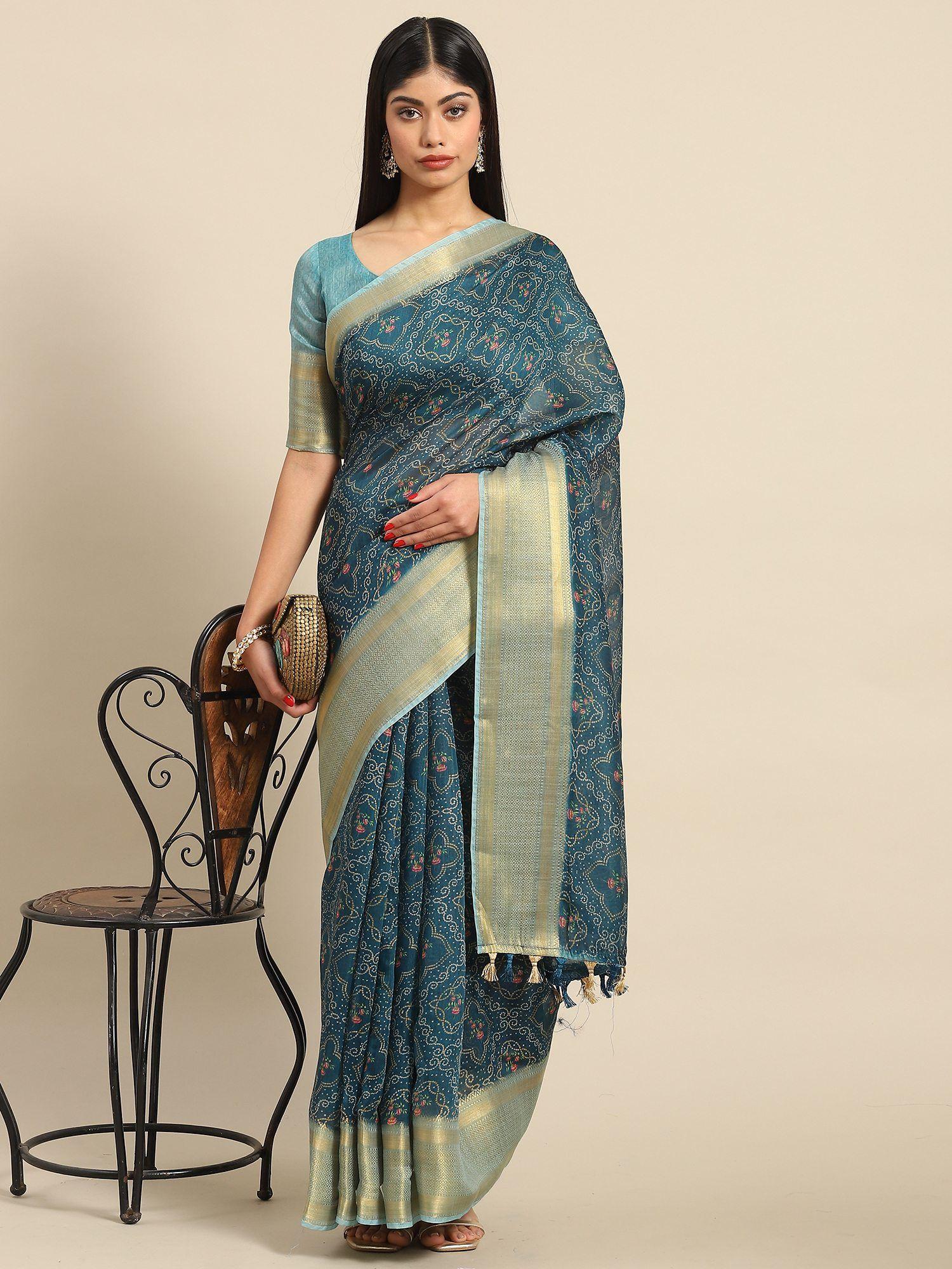 women's silk blue printed designer saree with unstitched blouse