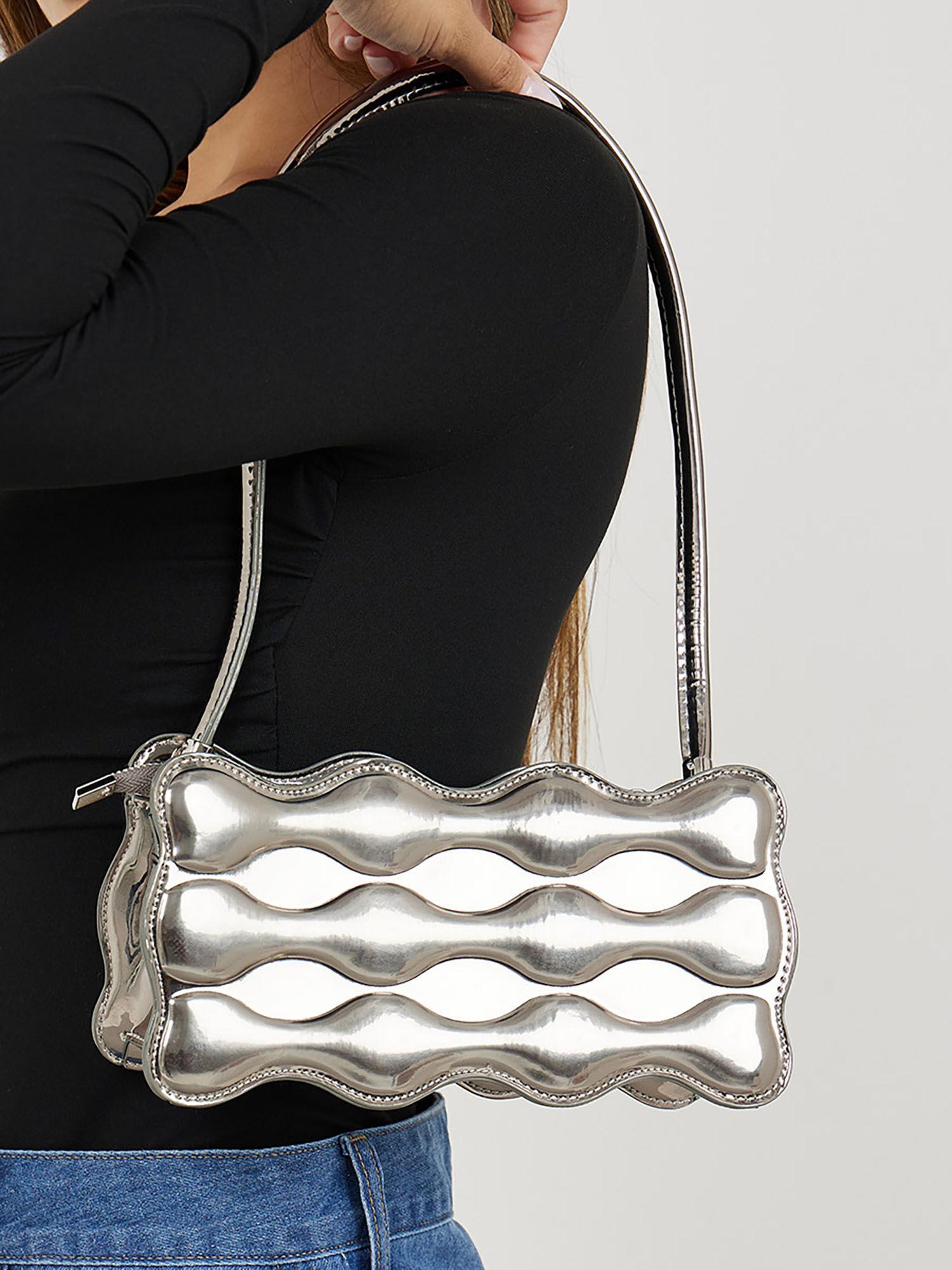 women's silver pu metallic design shoulder bag