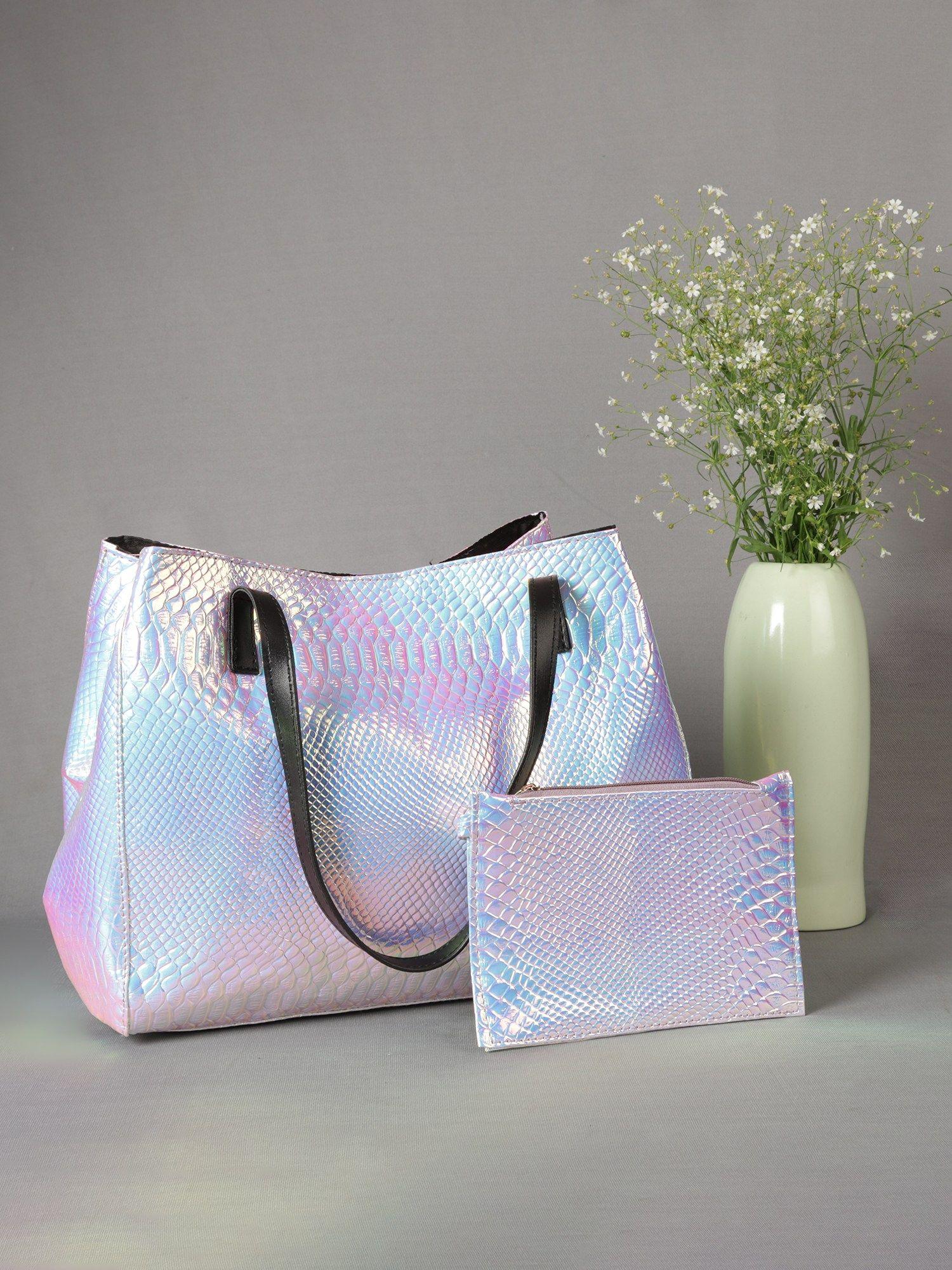 women's silver tote bag and pouch (set of 2)