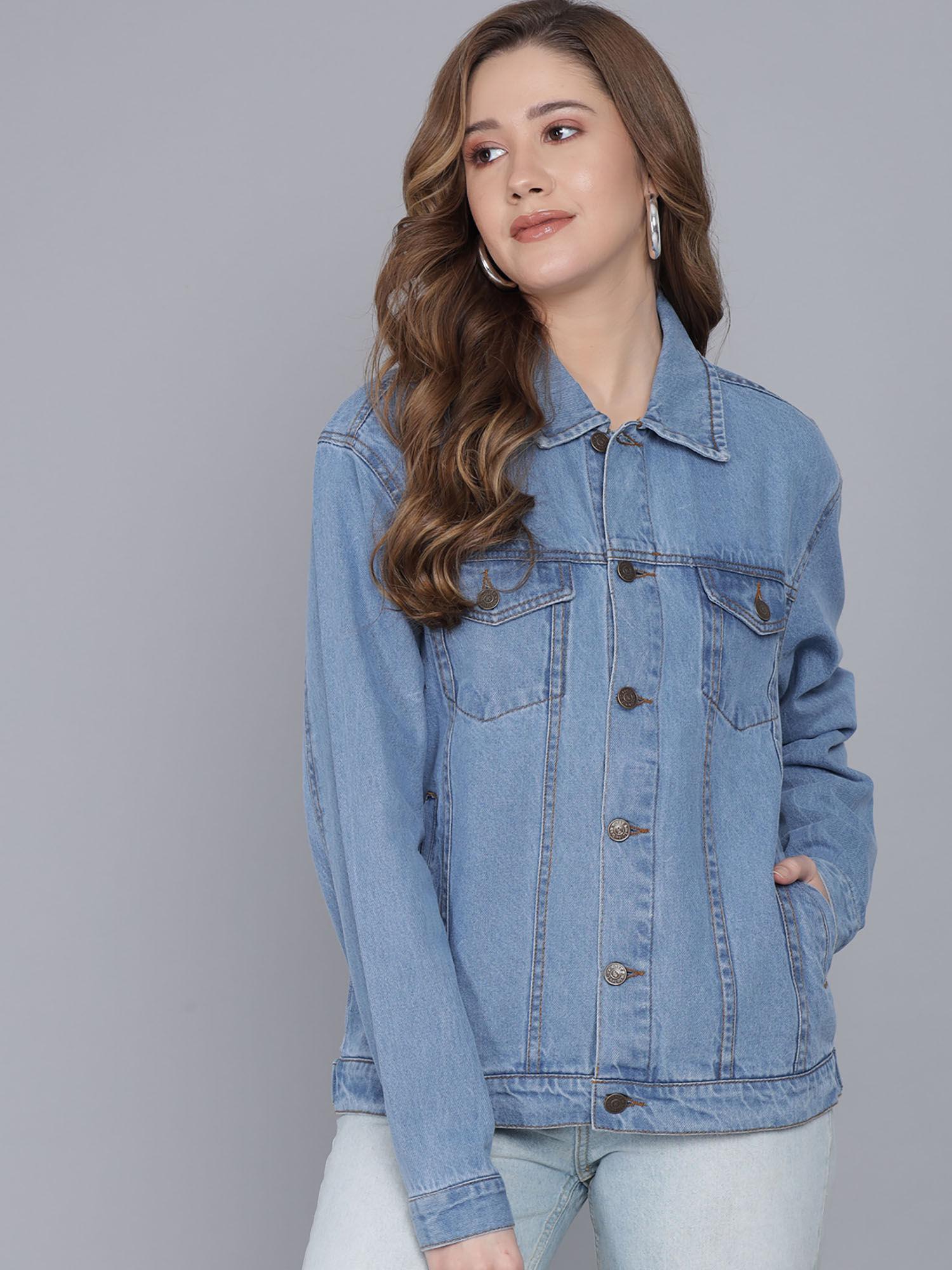 women's sky blue full sleeve solid denim jacket