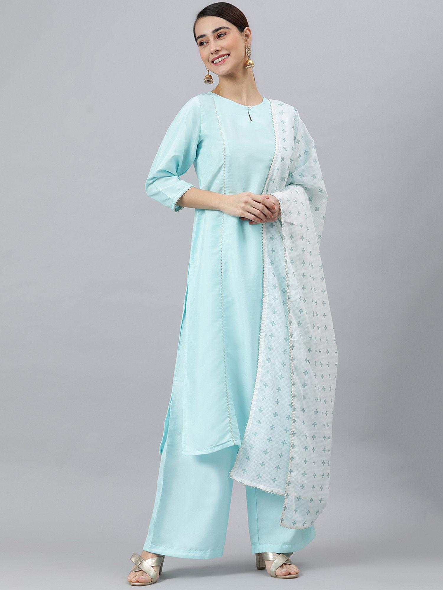 women's sky blue poly silk kurta with palazzo and dupatta (set of 3)