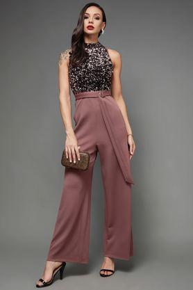 women's sleeveless embellished halter neck regular jumpsuit - mauve