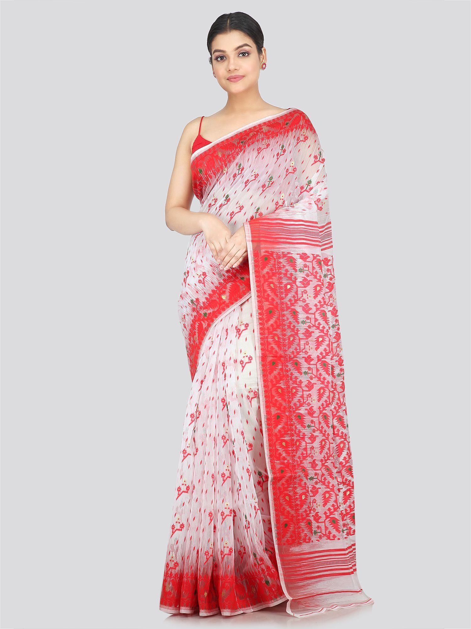 women's soft cotton jamdani saree without blouse piece white