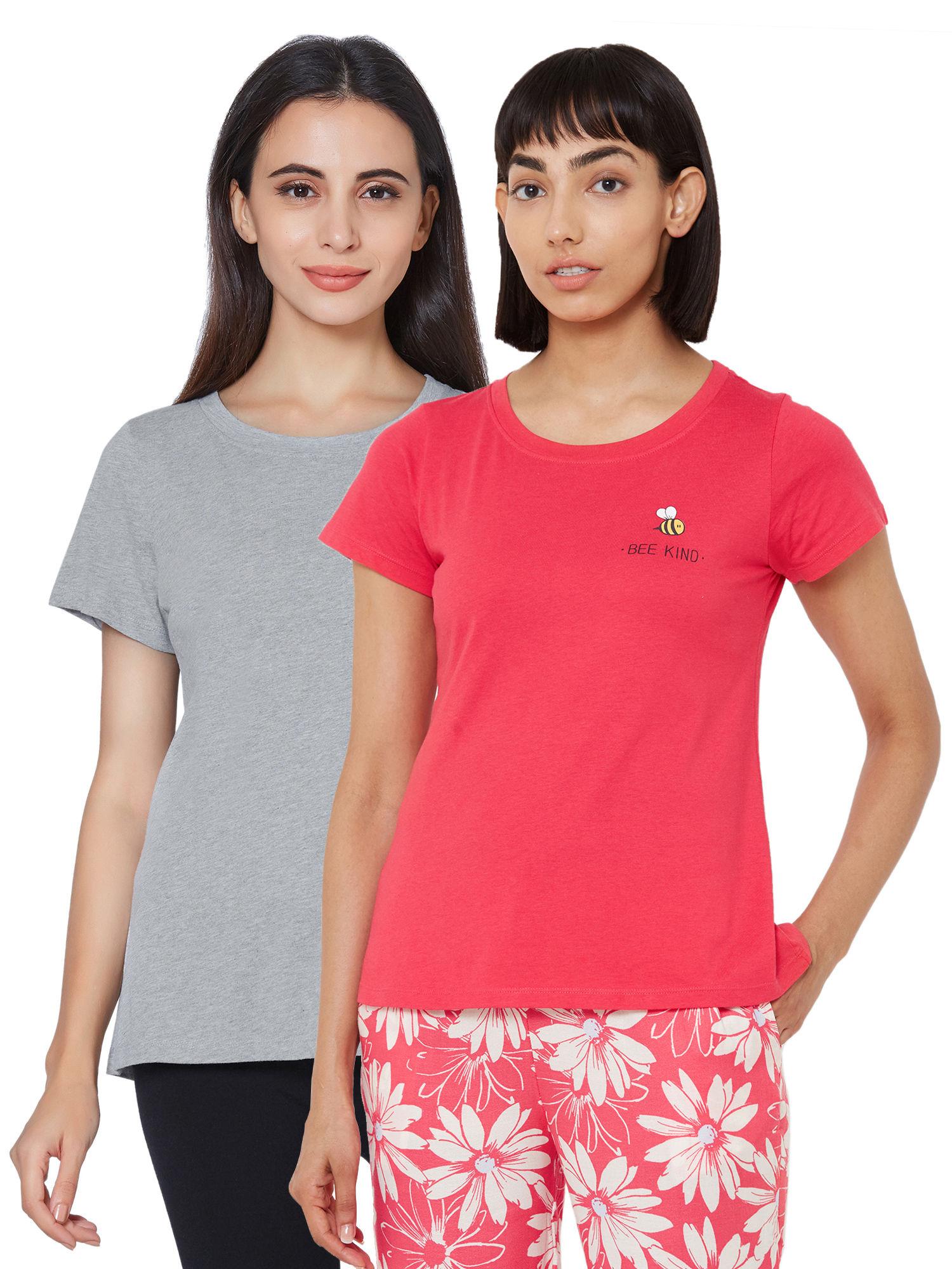 women's soft cotton modal solid & printed lounge t-shirt (pack of 2) - multi-color