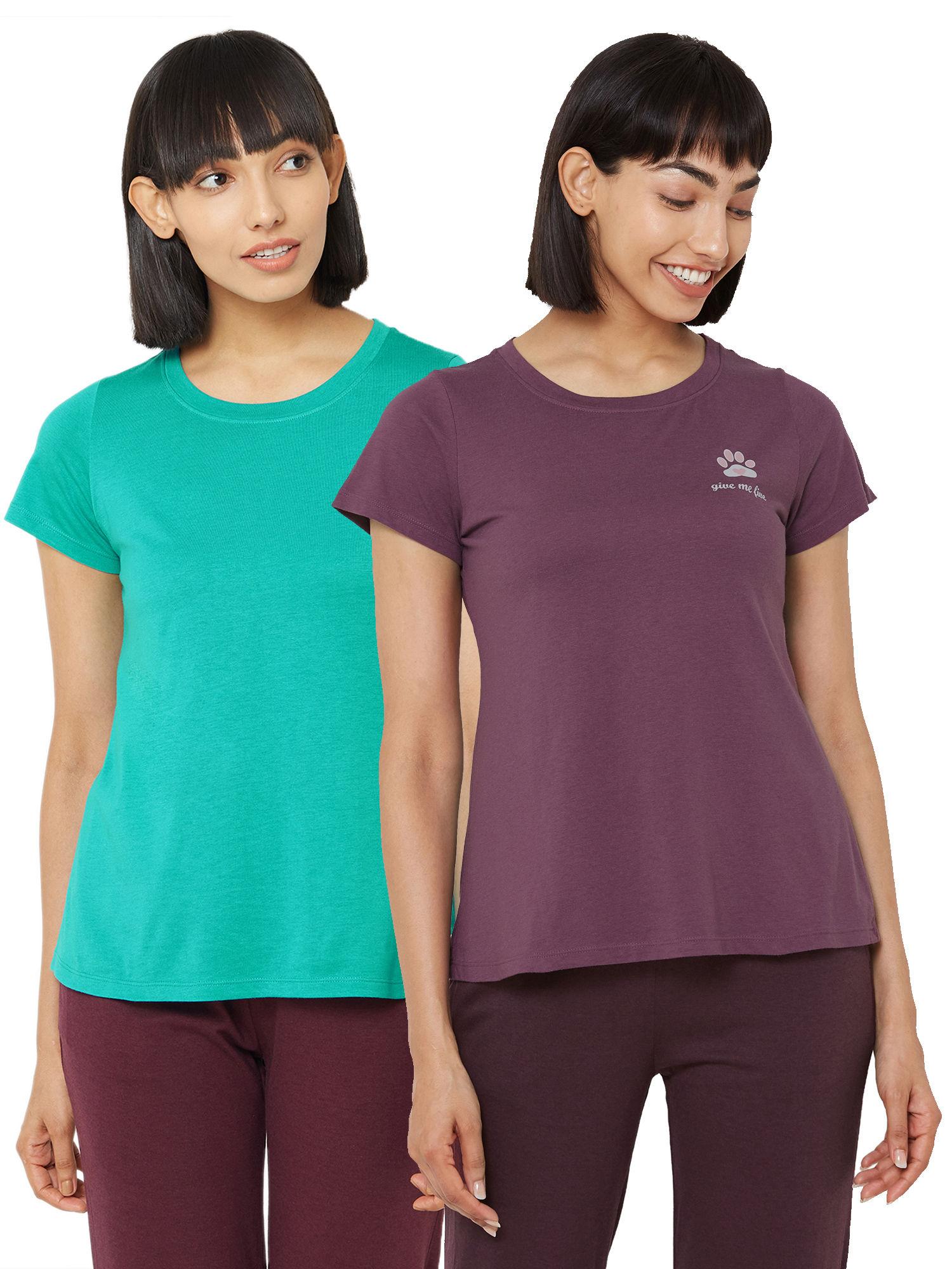 women's soft cotton modal solid & printed lounge t-shirt (pack of 2) - multi-color