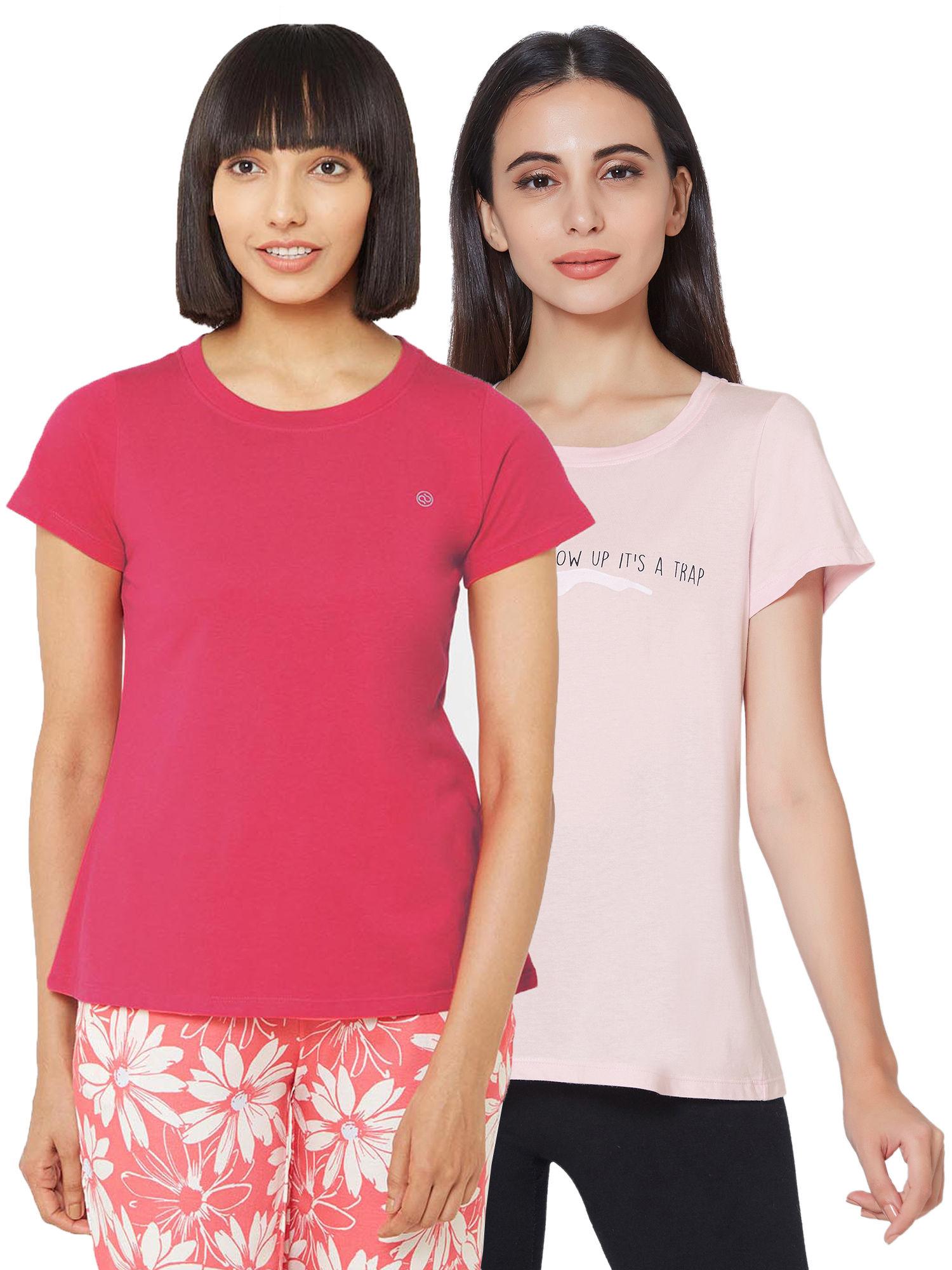 women's soft cotton modal solid & printed lounge t-shirt (pack of 2) - multi-color