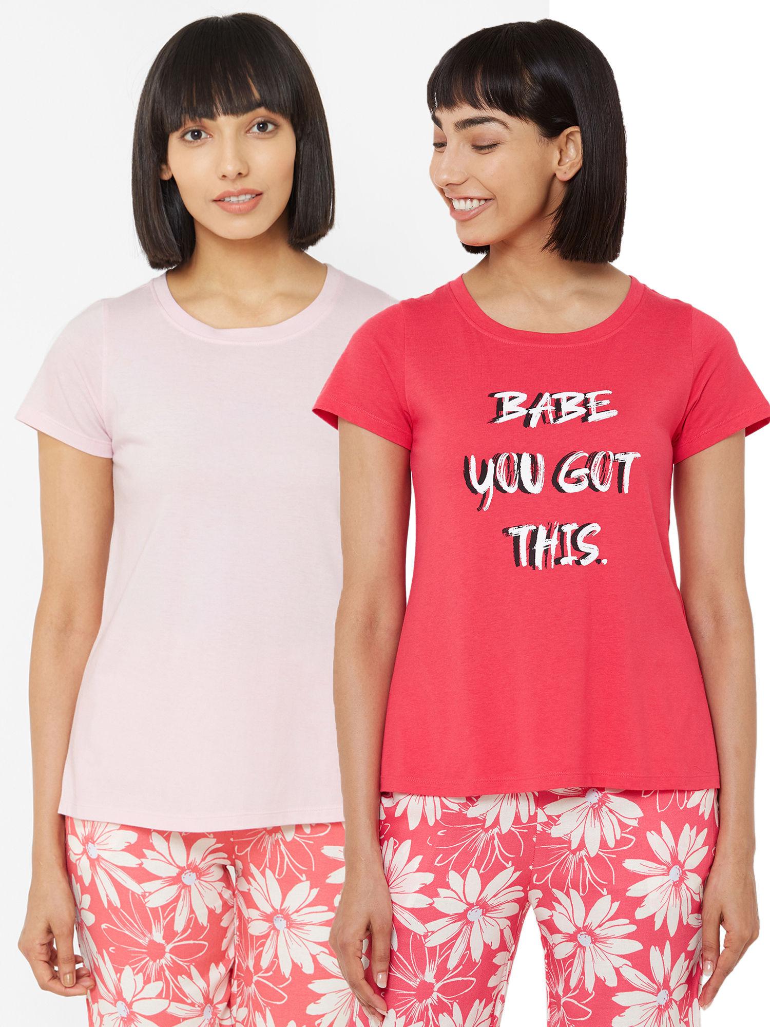 women's soft cotton modal solid & printed lounge t-shirt (pack of 2) - multi-color