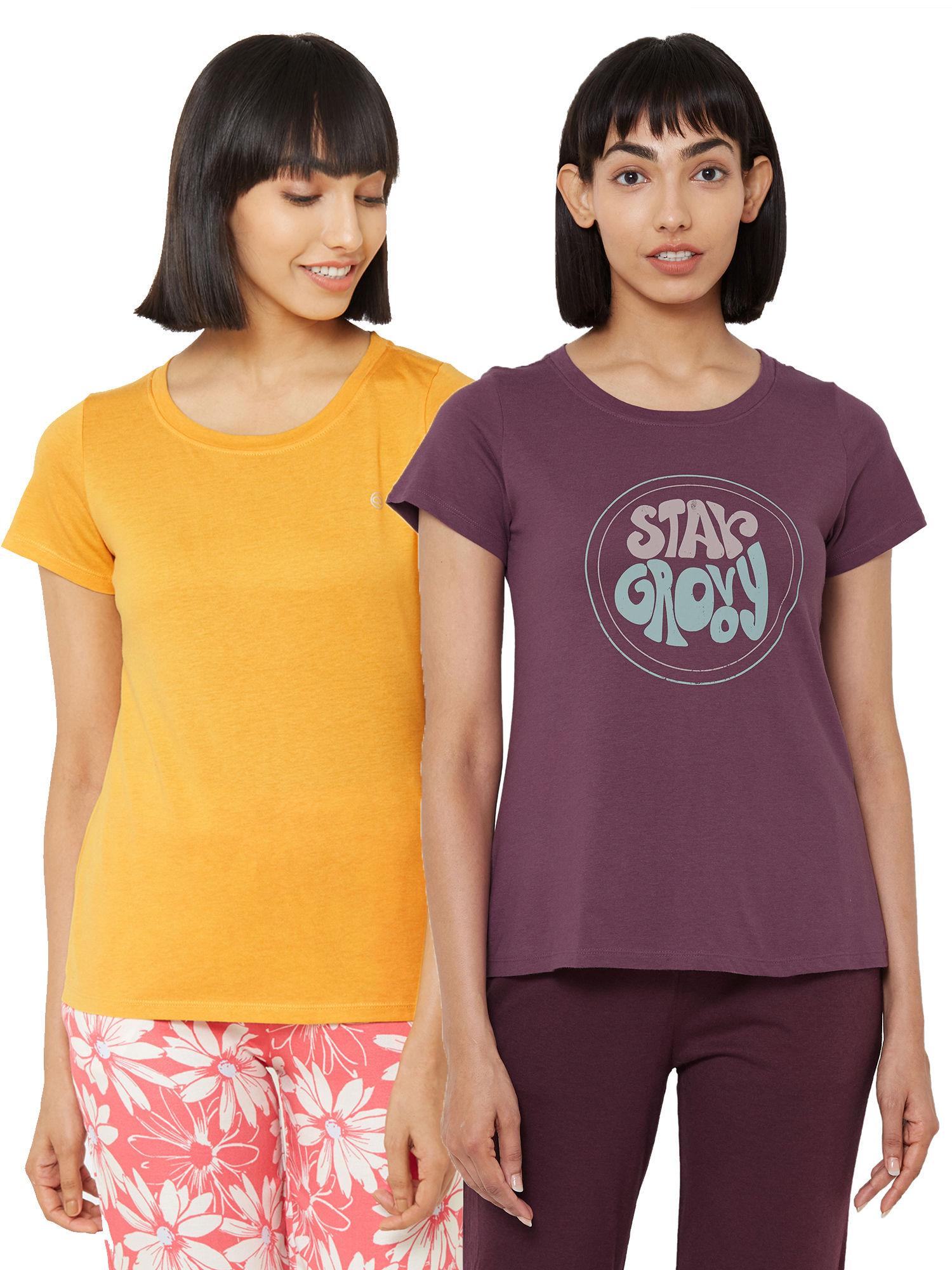 women's soft cotton modal solid & printed lounge t-shirt (pack of 2) - multi-color