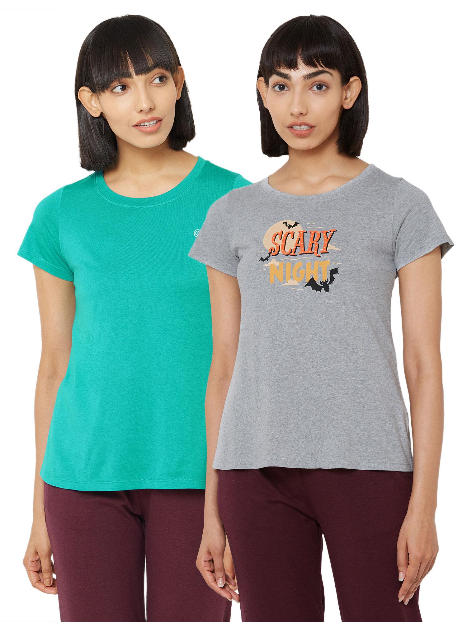 women's soft cotton modal solid & printed lounge t-shirt (pack of 2) - multi-color