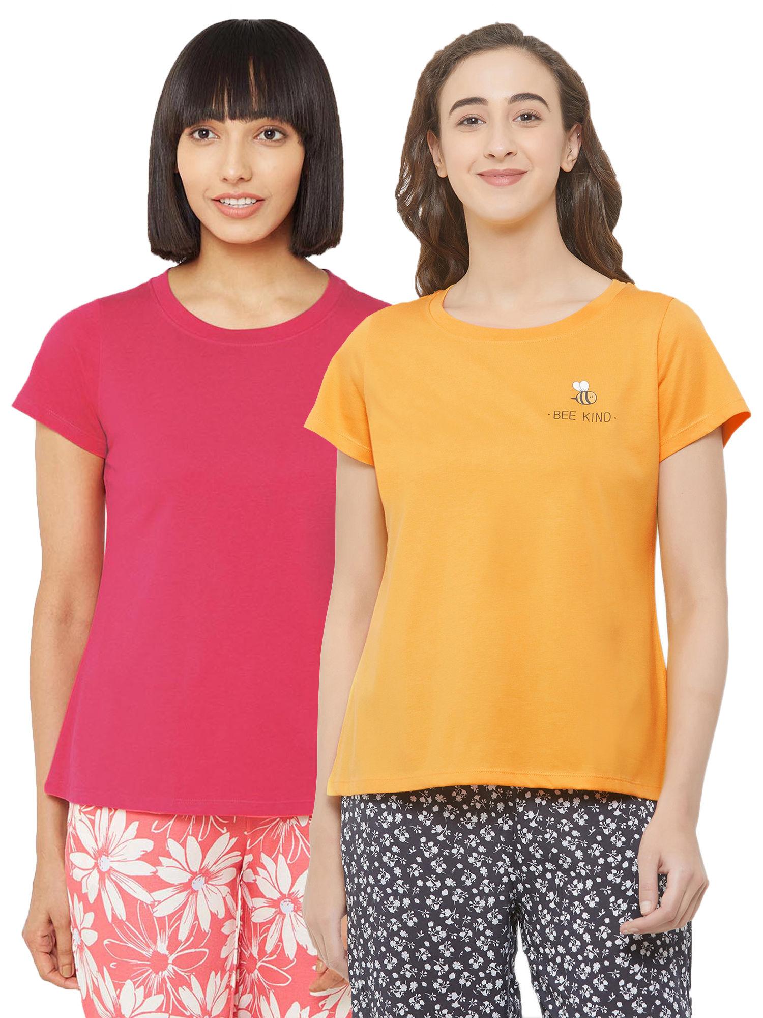 women's soft cotton modal solid & printed lounge t-shirt (pack of 2) - multi-color