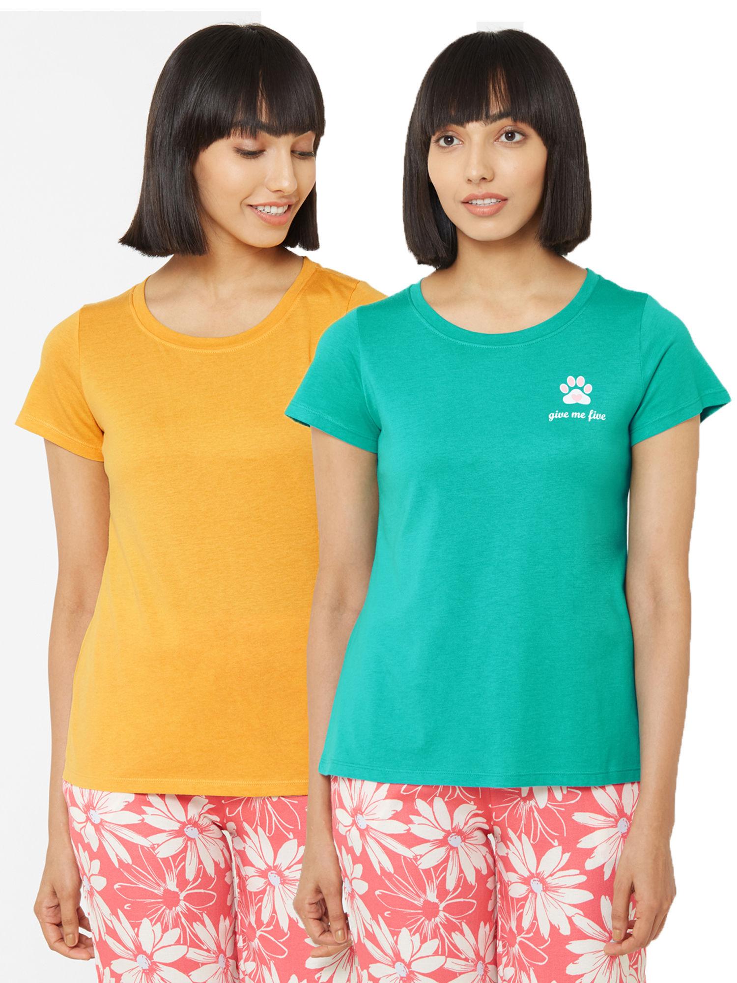 women's soft cotton modal solid & printed lounge t-shirt (pack of 2) - multi-color