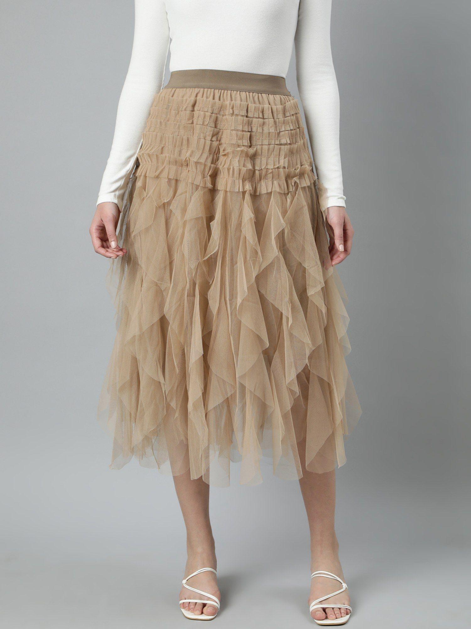 women's solid beige flared midi skirt