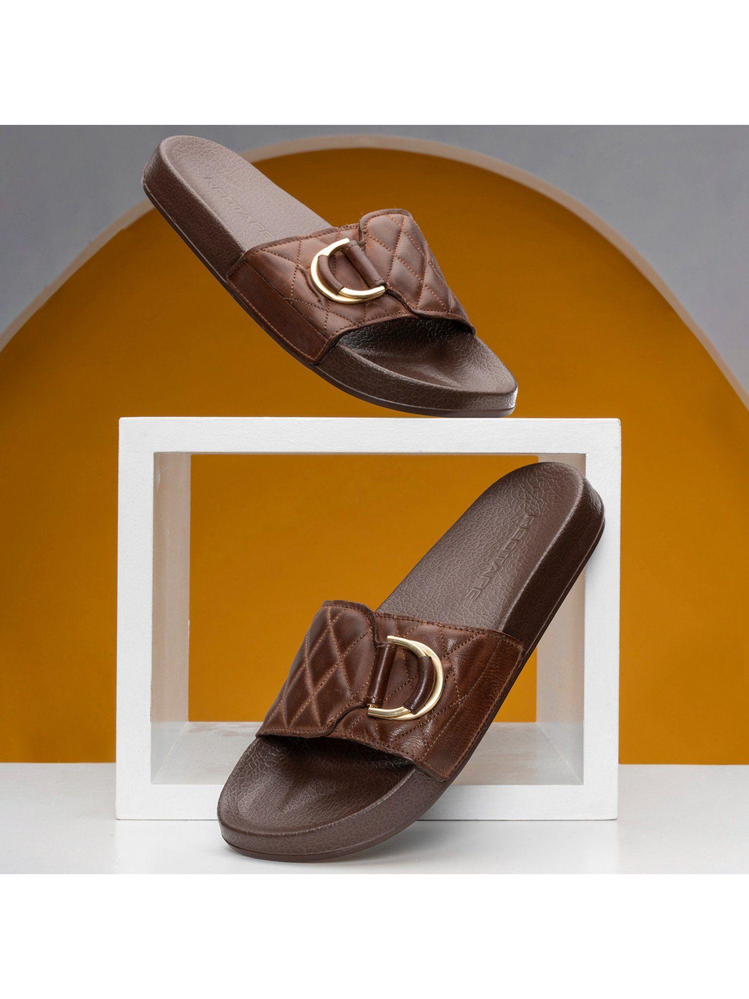 women's solid brown sliders