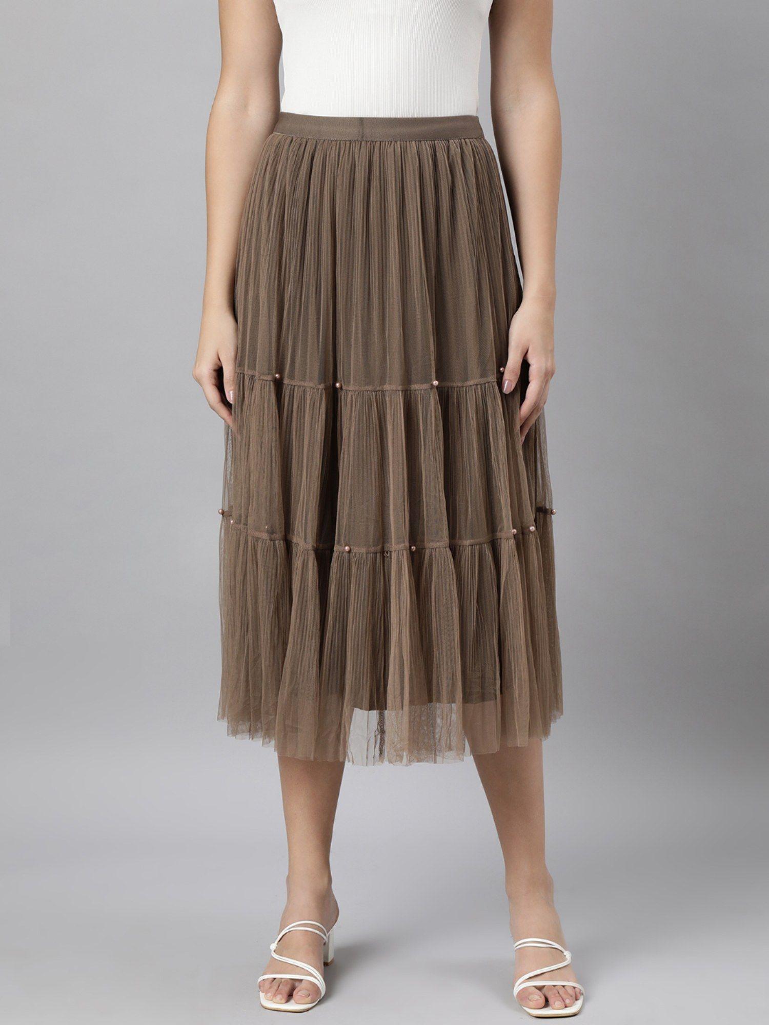 women's solid brown tiered midi sheer skirt