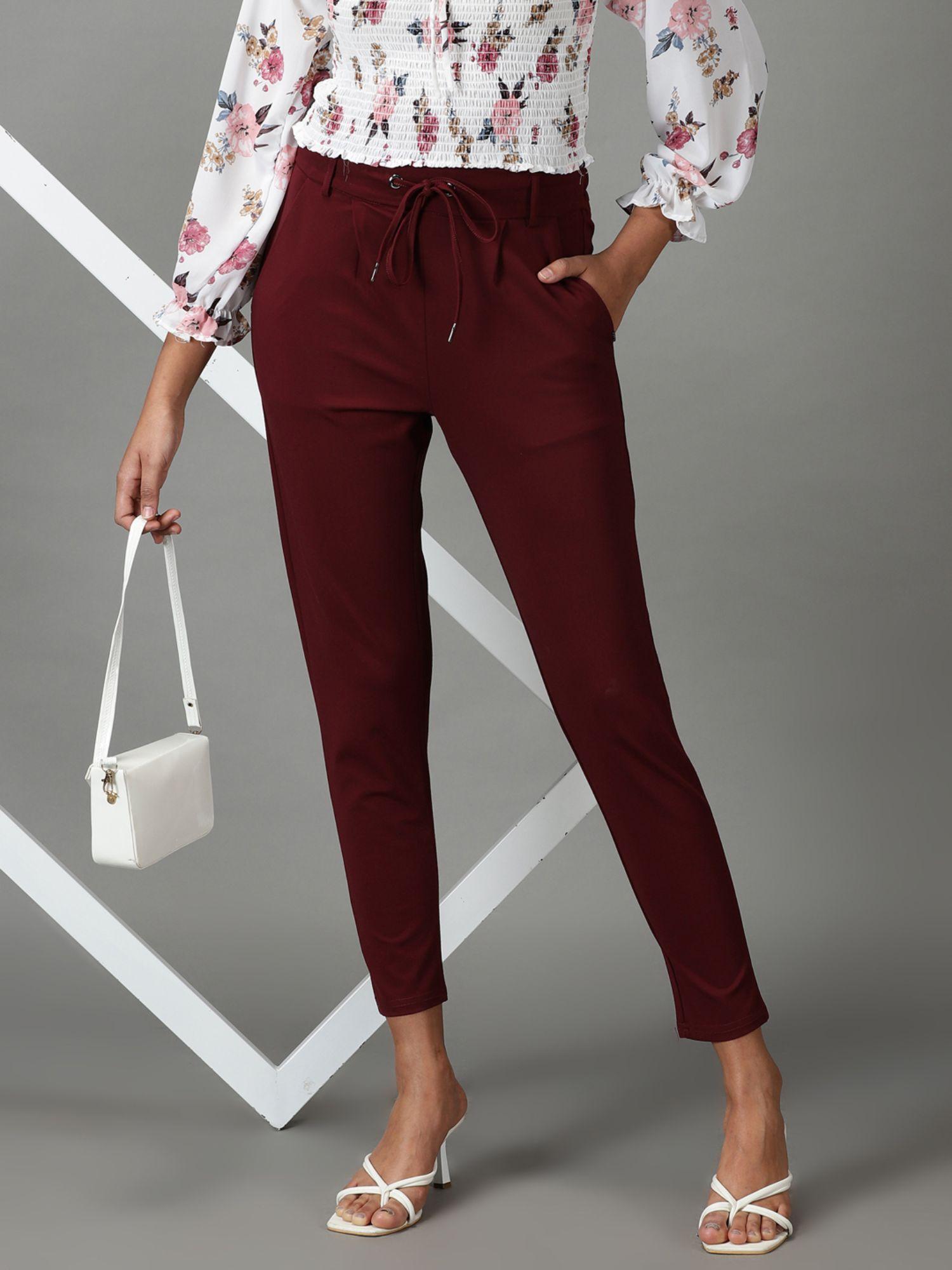 women's solid burgundy regular fit pant