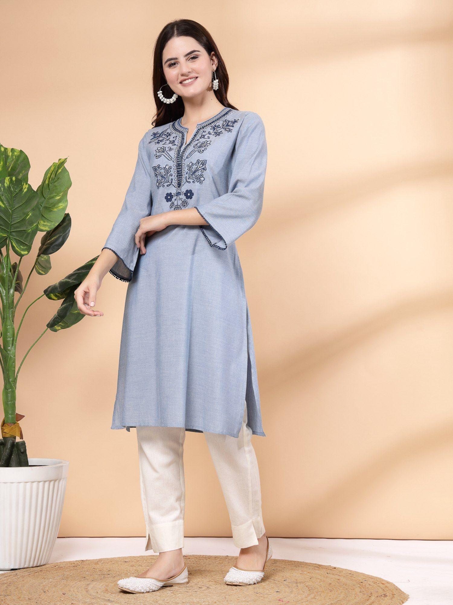 women's solid chambray round neck kurta