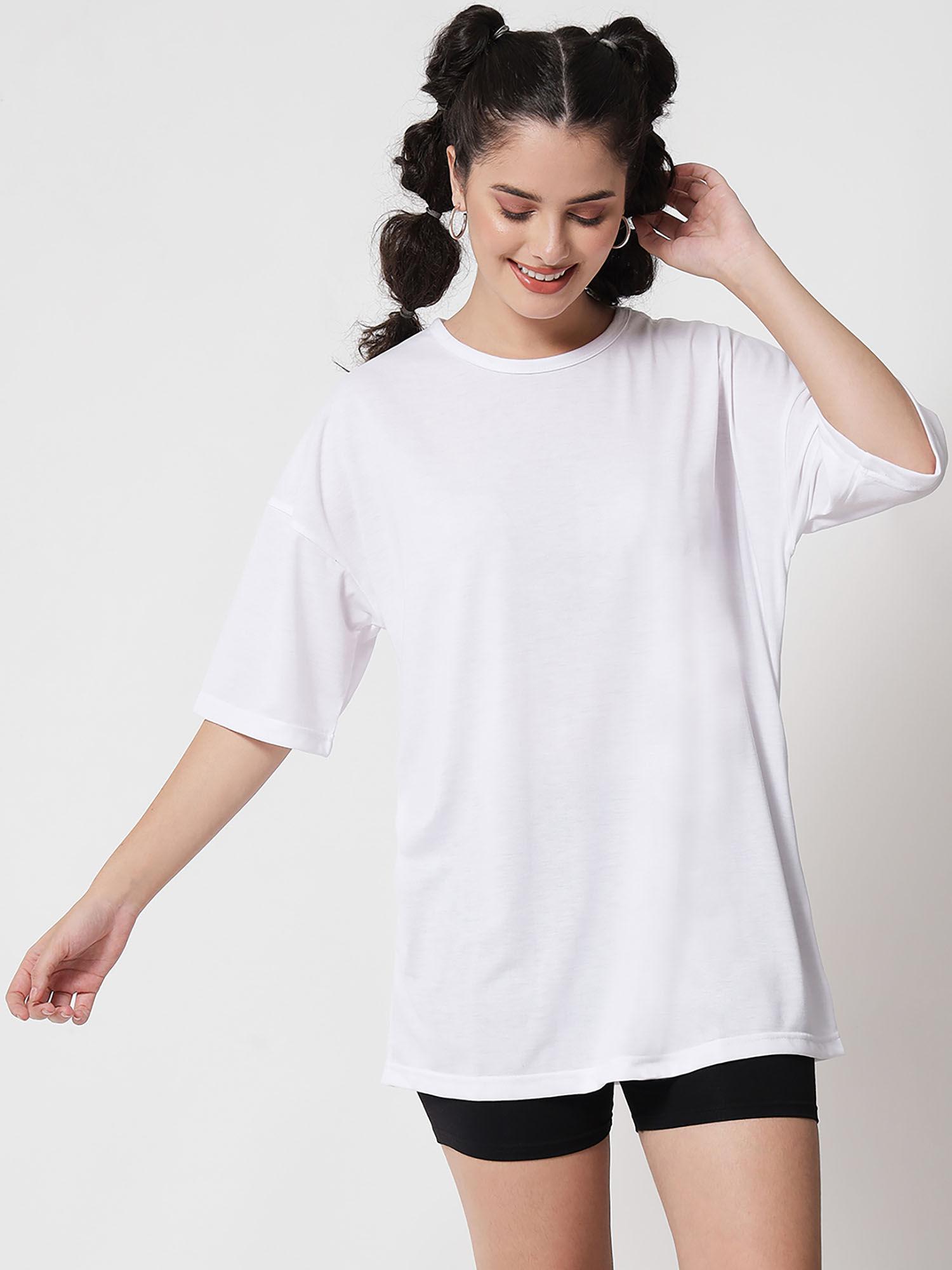 women's solid cotton blend white t-shirt