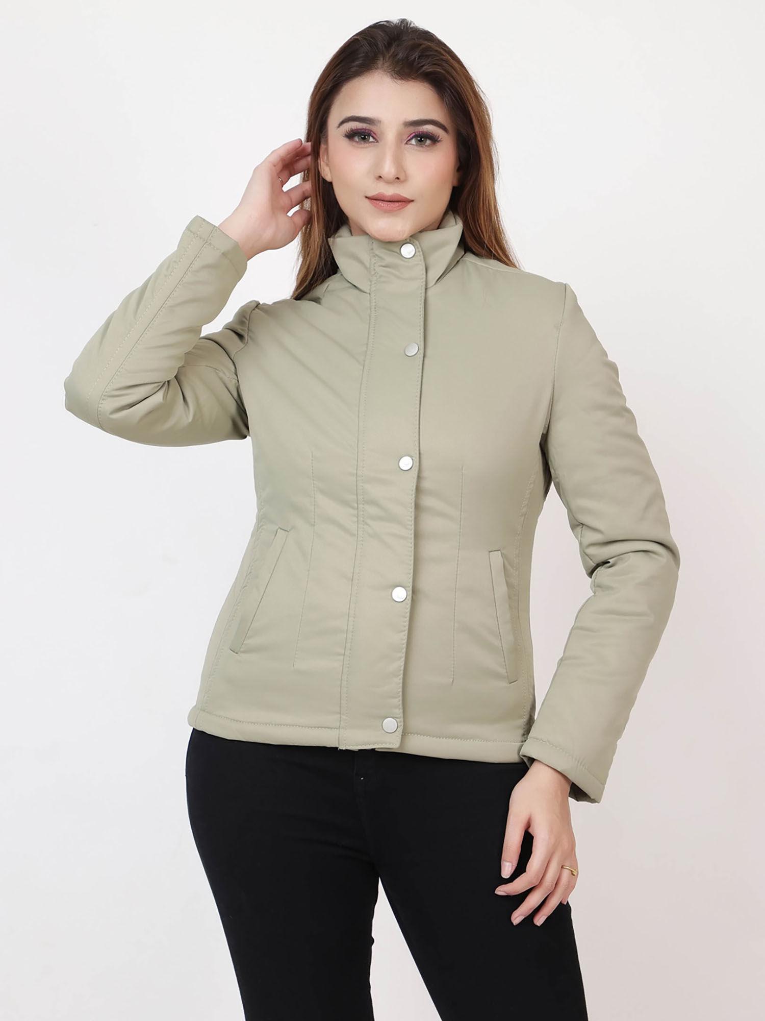 women's solid full sleeves jacket green