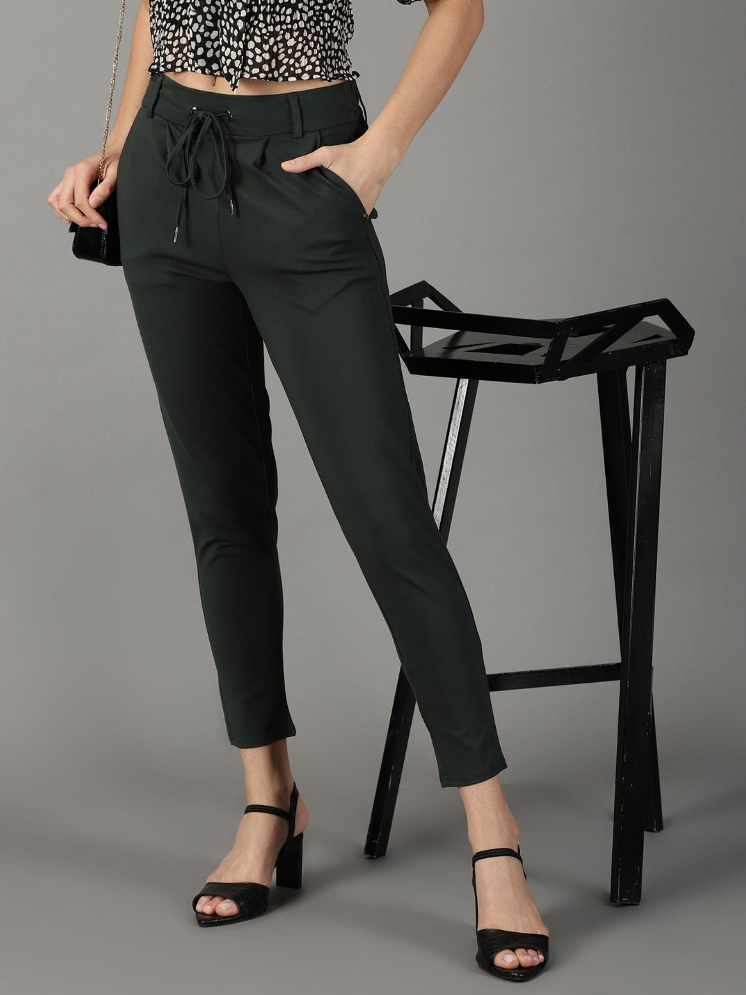 women's solid green regular fit pant