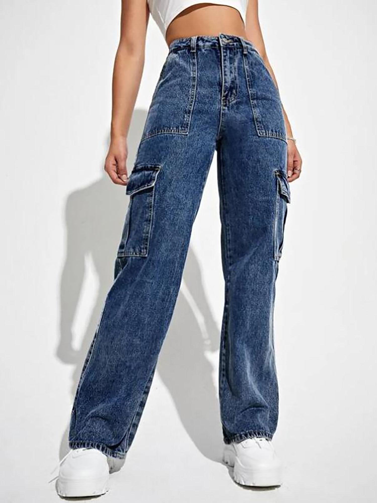 women's solid high rise cargo blue jeans