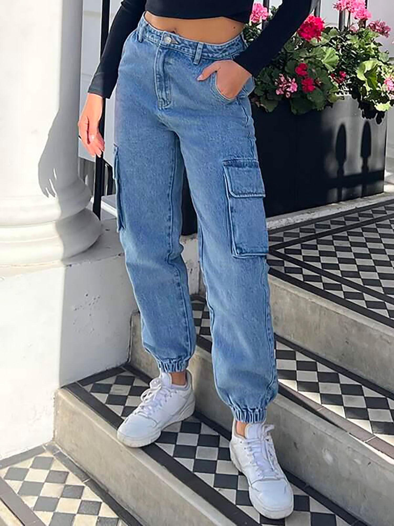 women's solid high waist cargo blue jeans
