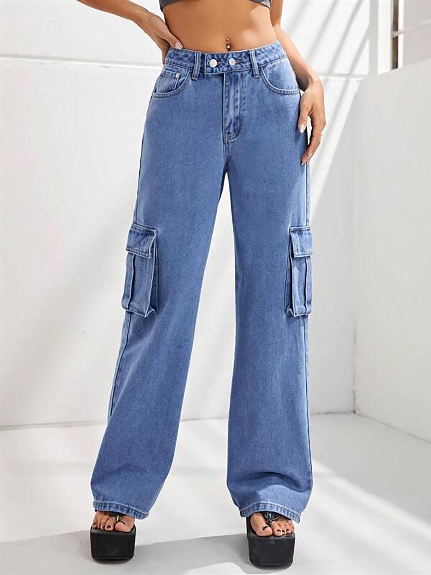 women's solid high waist cargo blue jeans