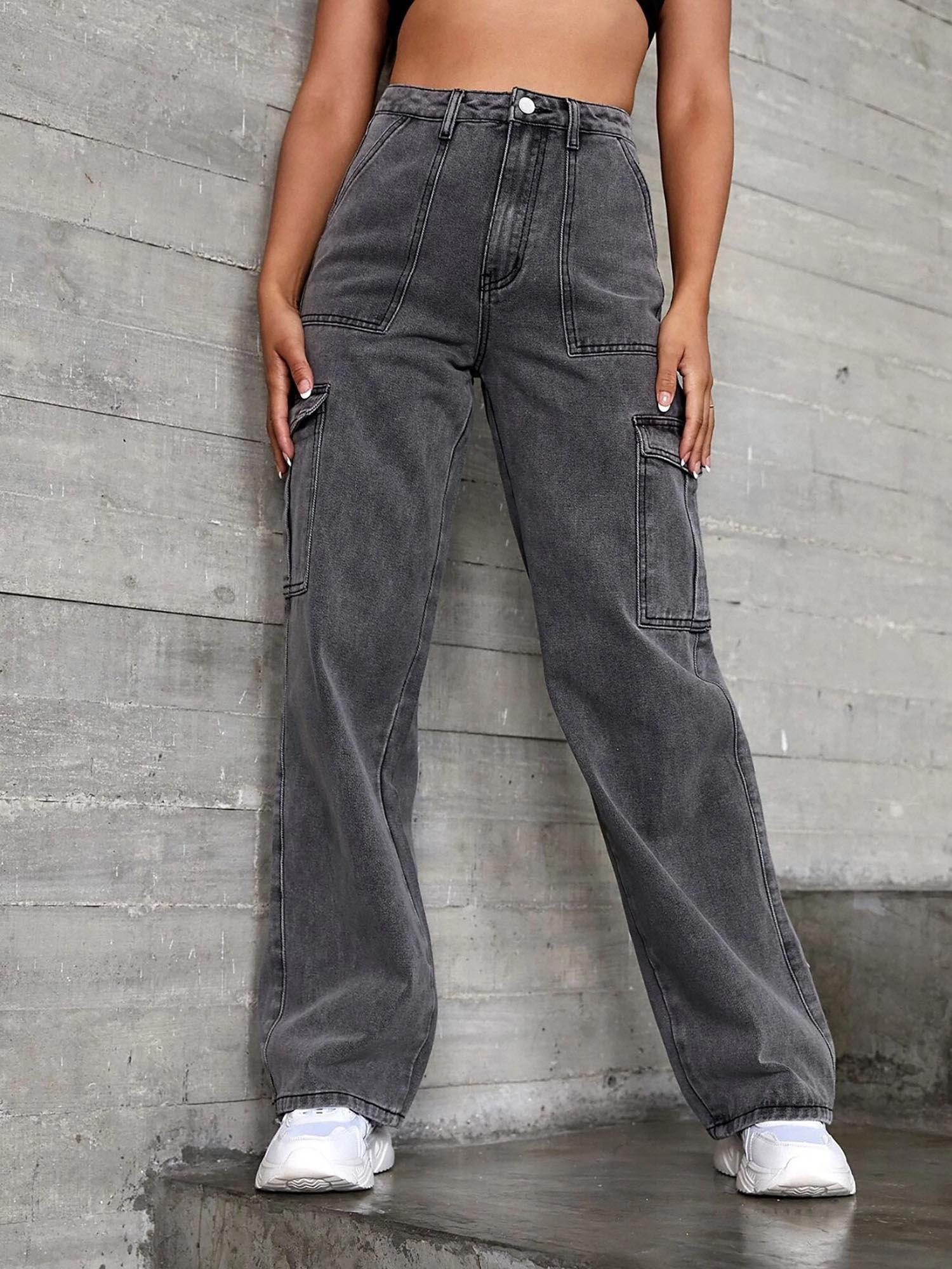 women's solid high waist cargo grey jeans