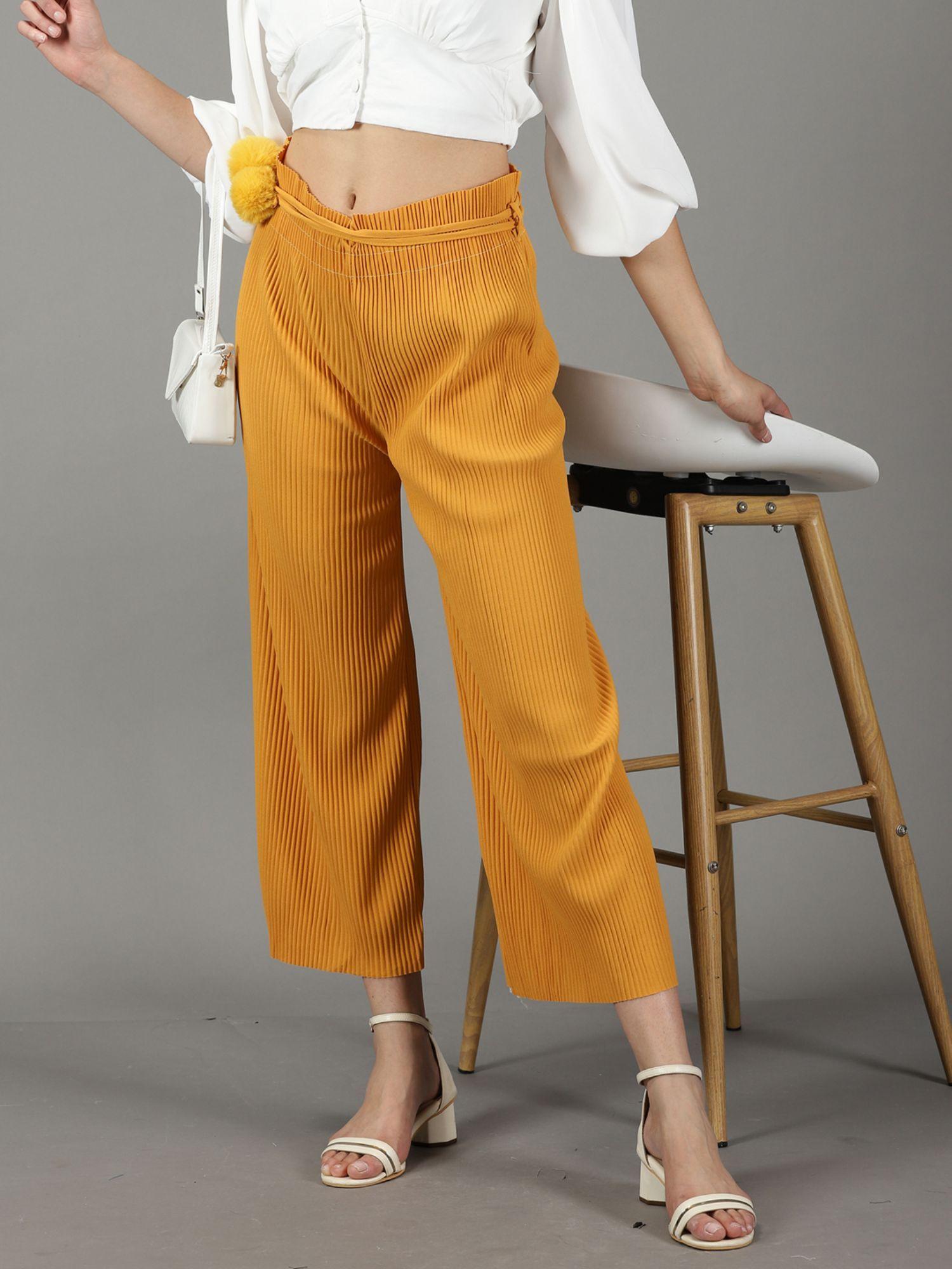 women's solid mustard flat-front parallel trousers