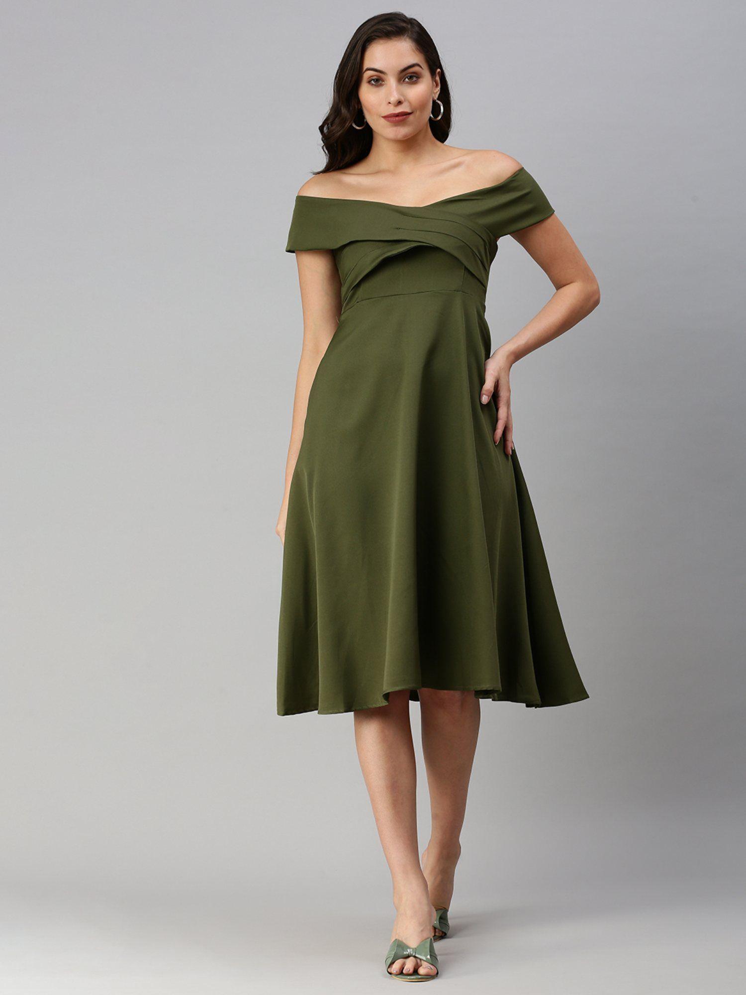 women's solid olive fit and flare dress