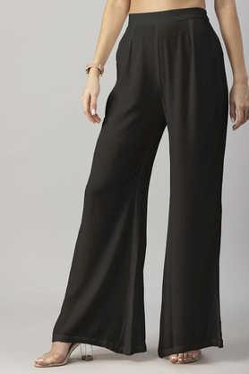 women's solid palazzo pants high waist ankle length wide leg trousers - black