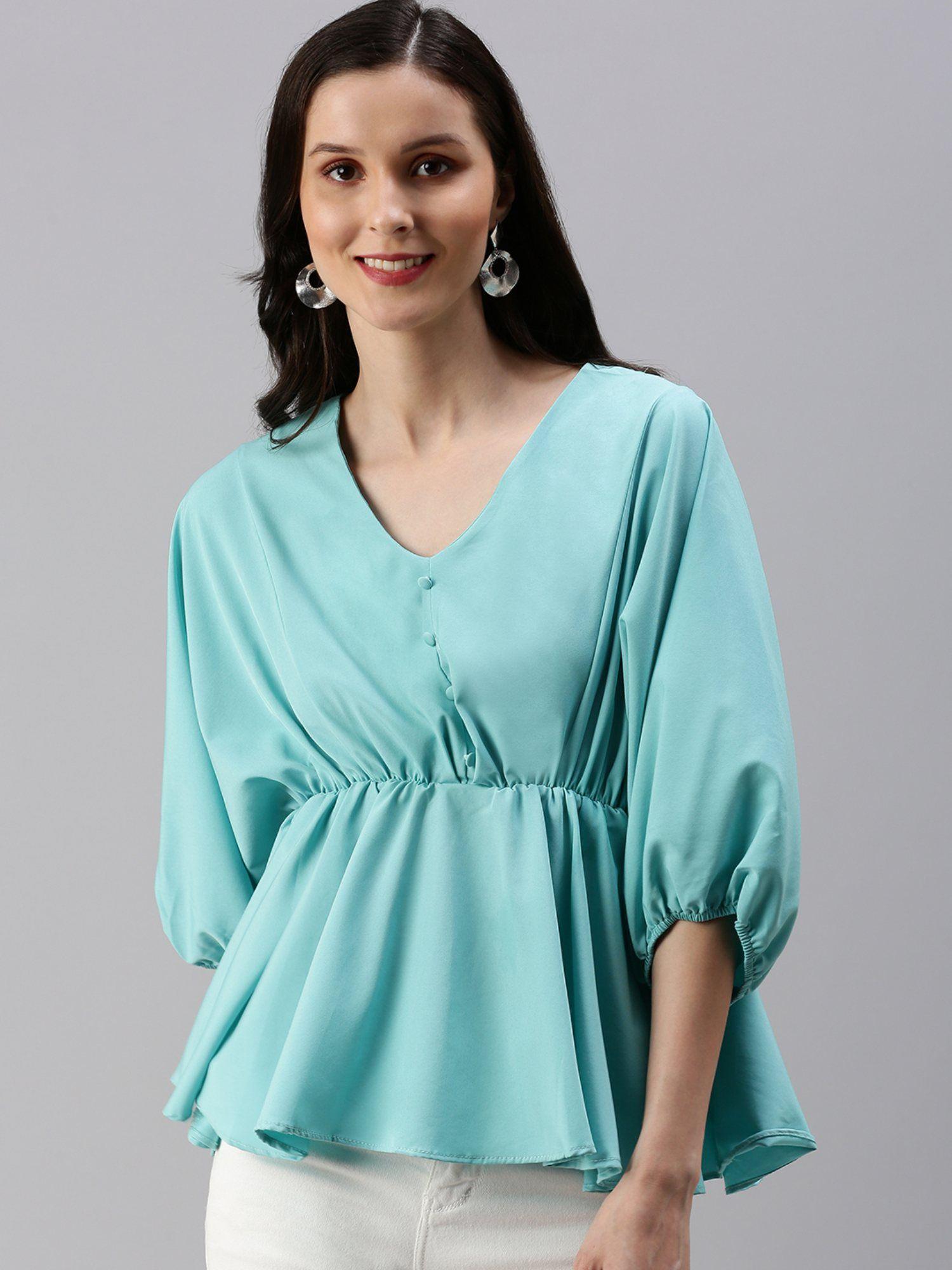 women's solid peplum turquoise blue v-neck top